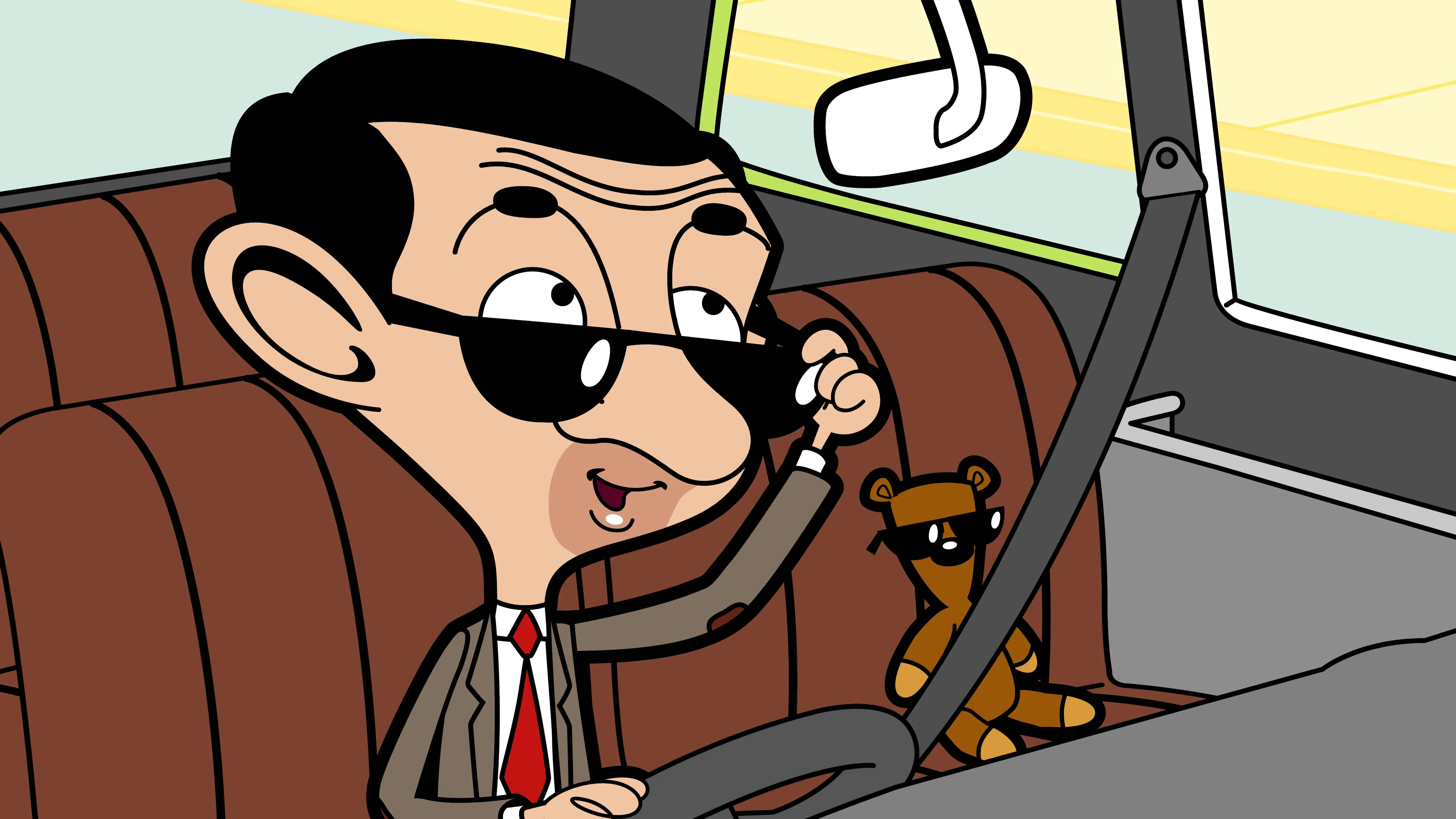 Mr Bean, cartoon car, sunglasses, 4K Desktop Wallpaper
