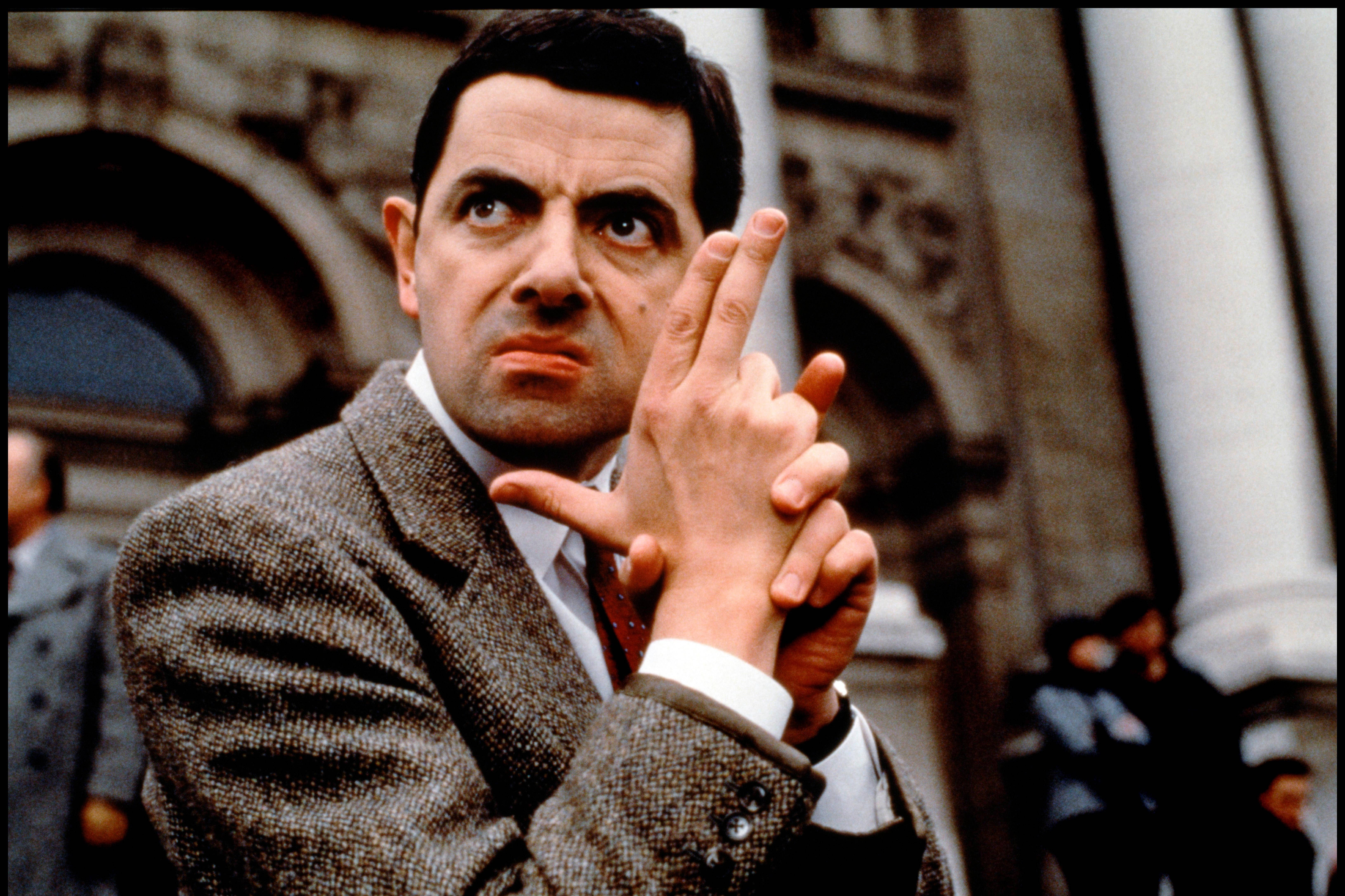 Mr Bean, tweed suit, finger guns, 5K Desktop Wallpaper