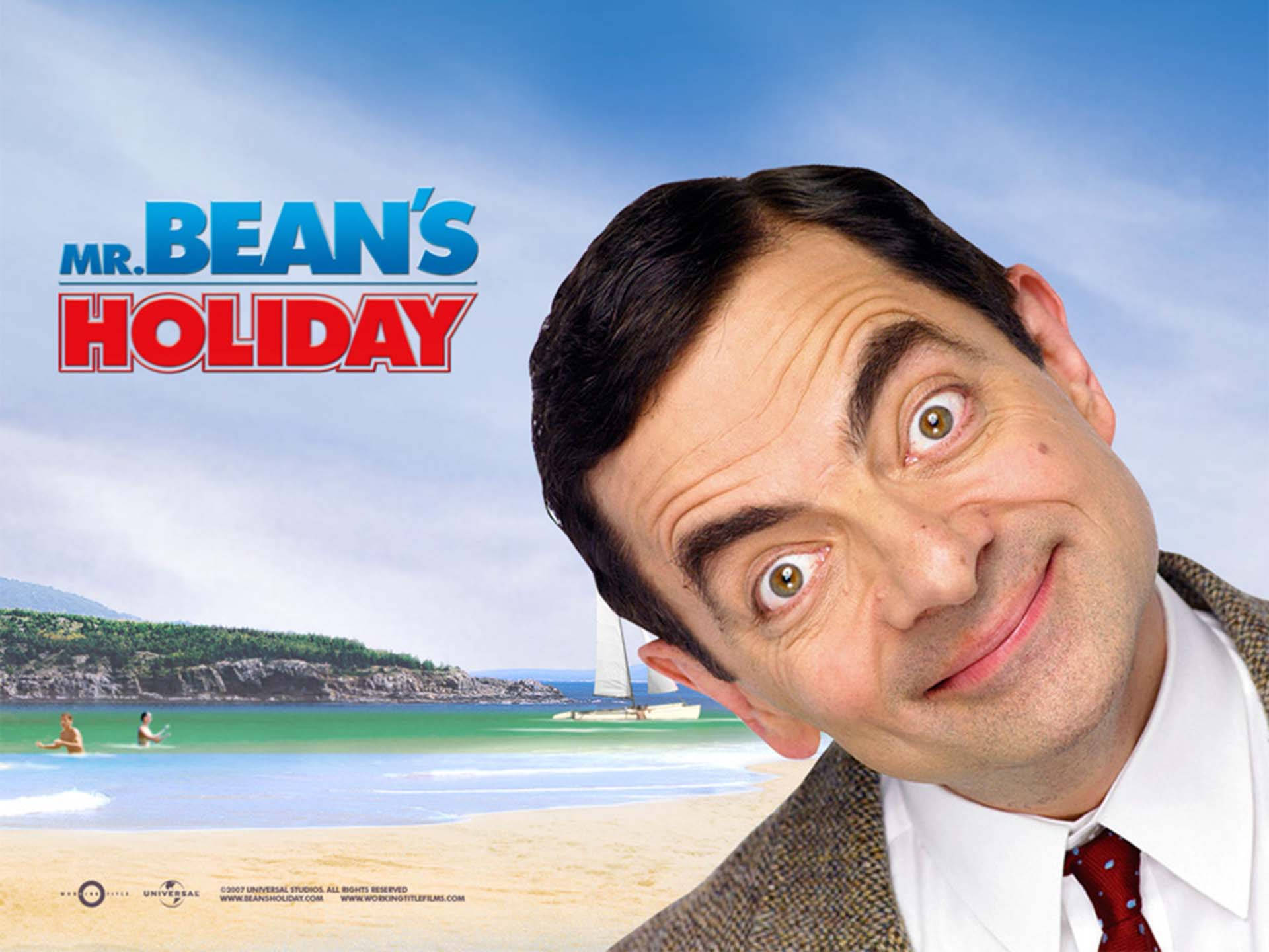 Mr Bean, sunny beach, sailboats, Full HD Desktop Wallpaper
