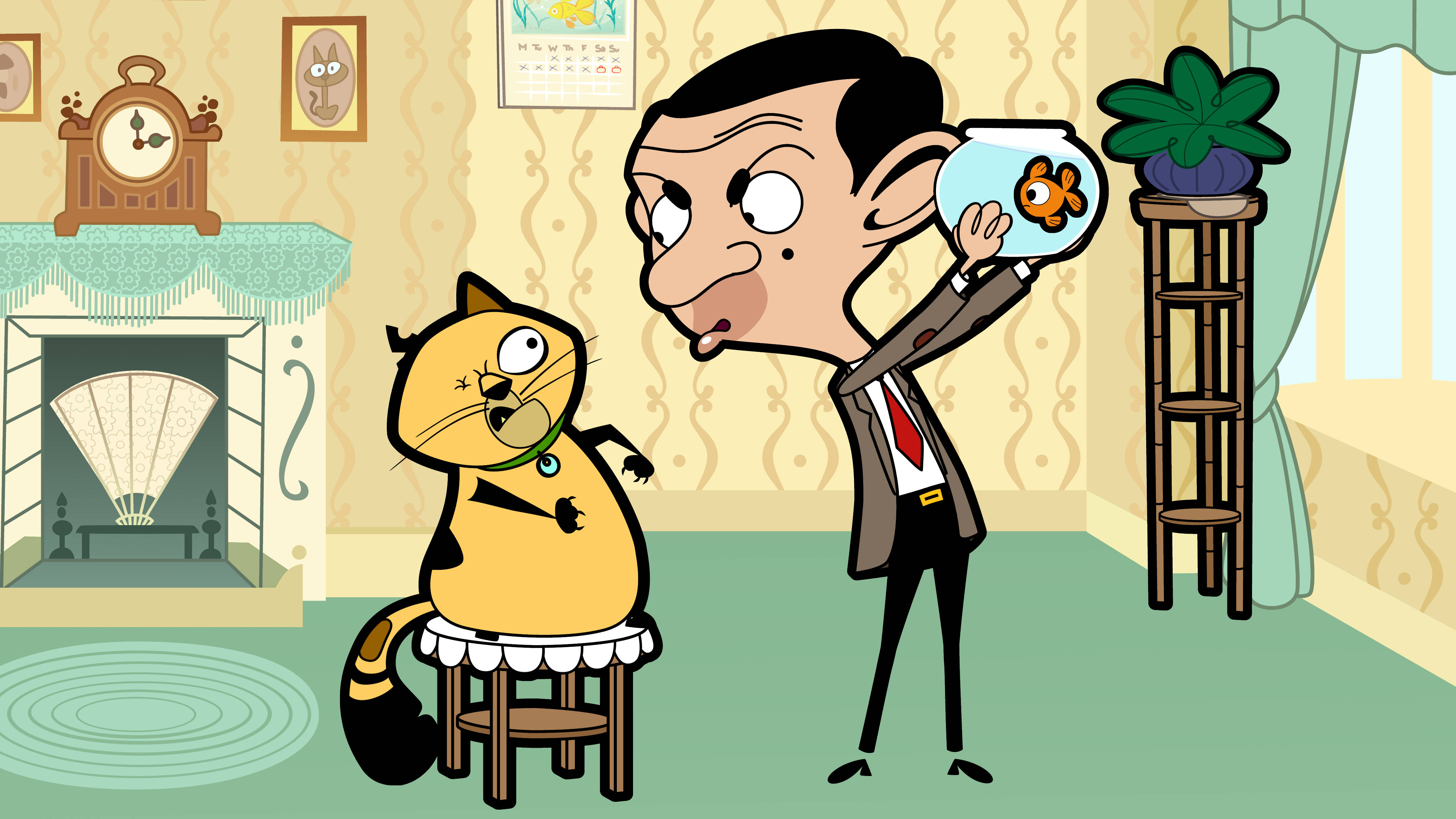 Mr Bean, fishbowl, cat, 4K Desktop Wallpaper