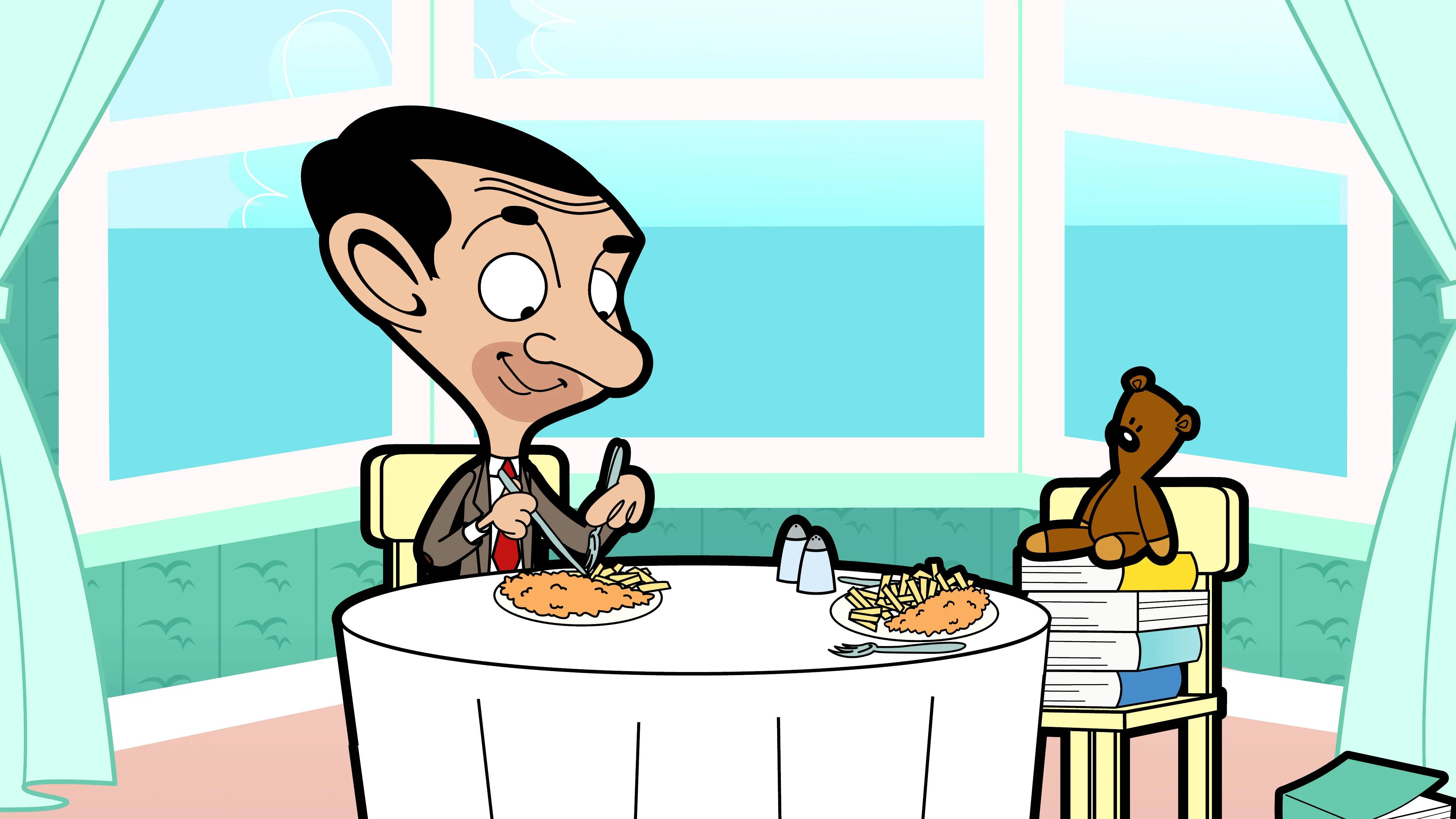 Mr Bean, dining table, fish and chips, 4K Desktop Wallpaper