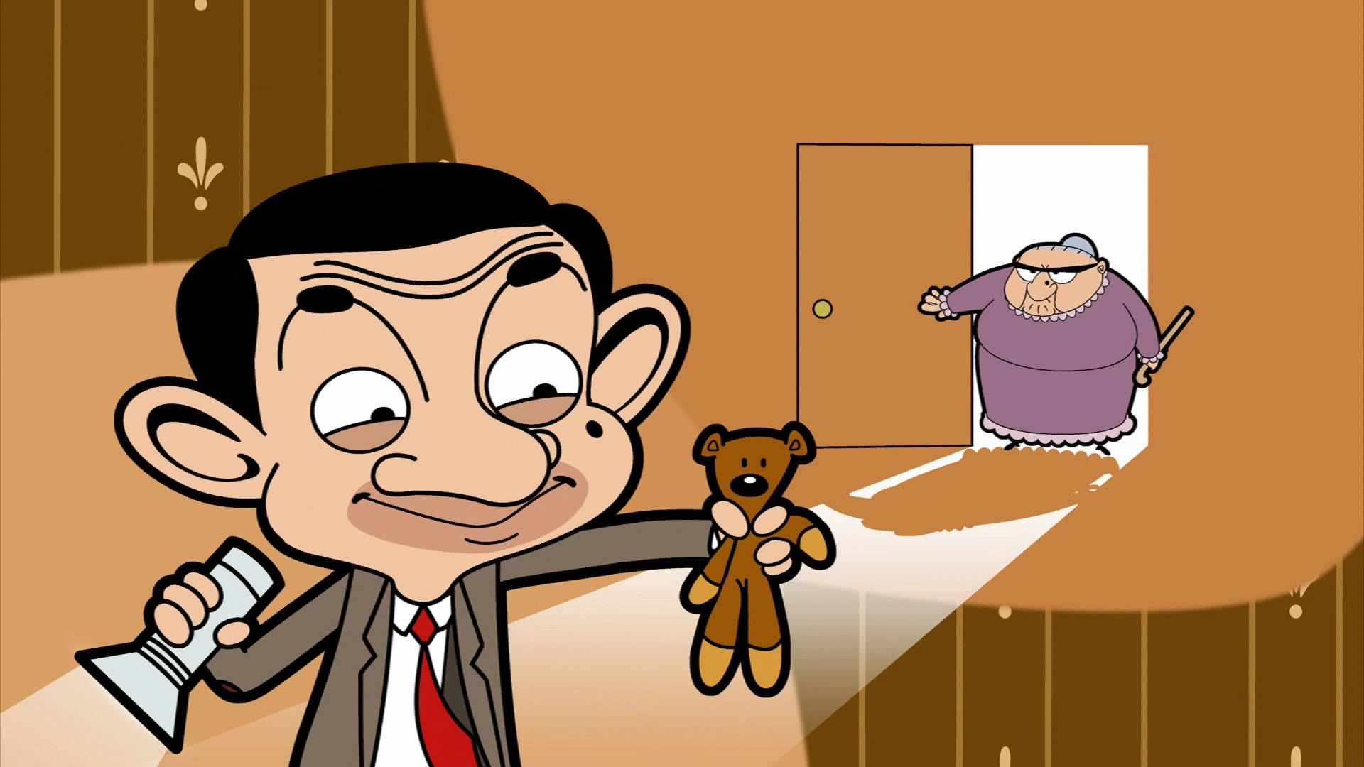 Mr Bean, teddy bear, flashlight, Full HD Desktop Wallpaper