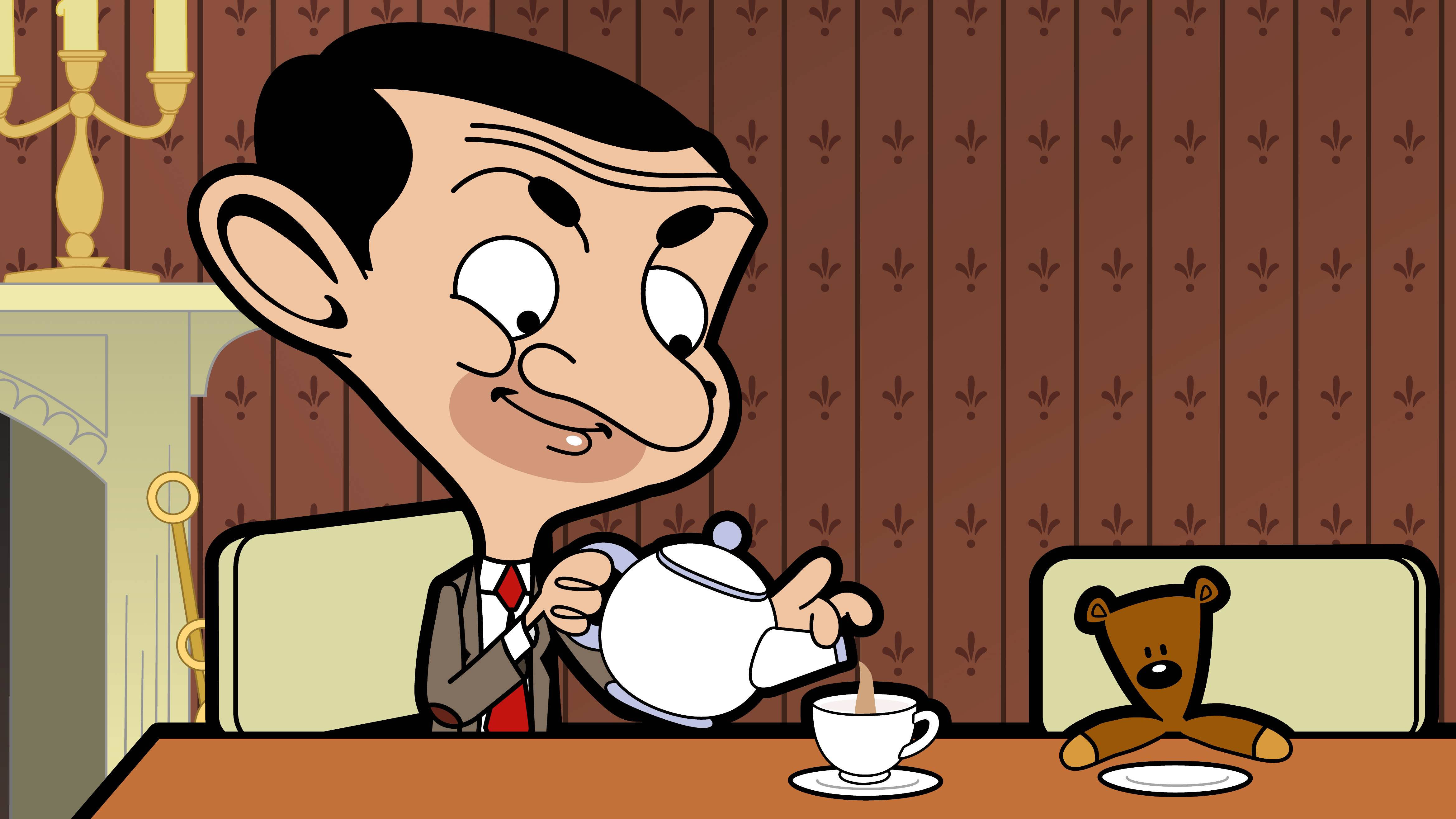 Mr Bean, teddy bear, wooden table, 4K Desktop Wallpaper