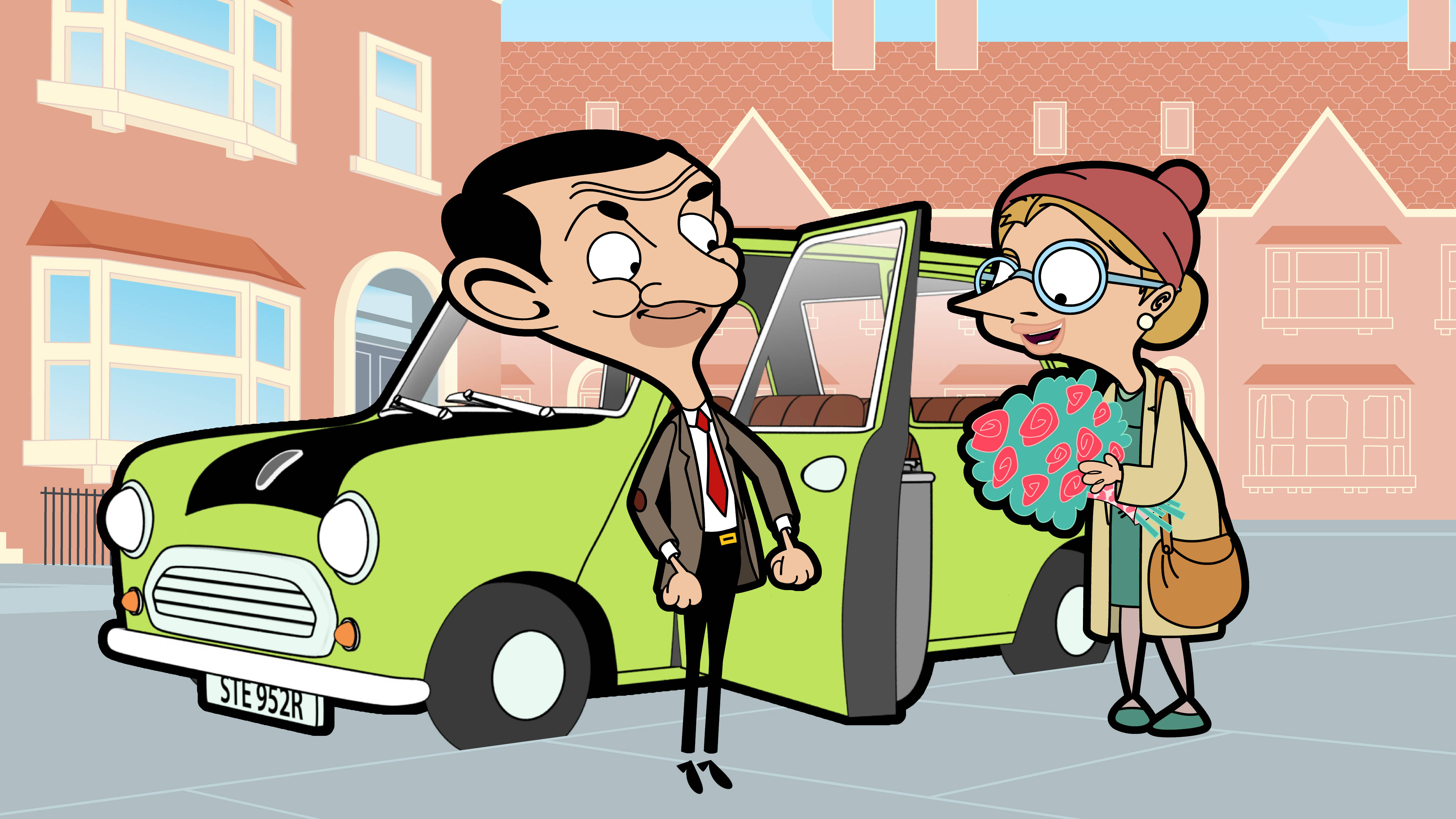 Mr Bean, green Mini Cooper, woman with glasses and a red hat, 4K Desktop Wallpaper