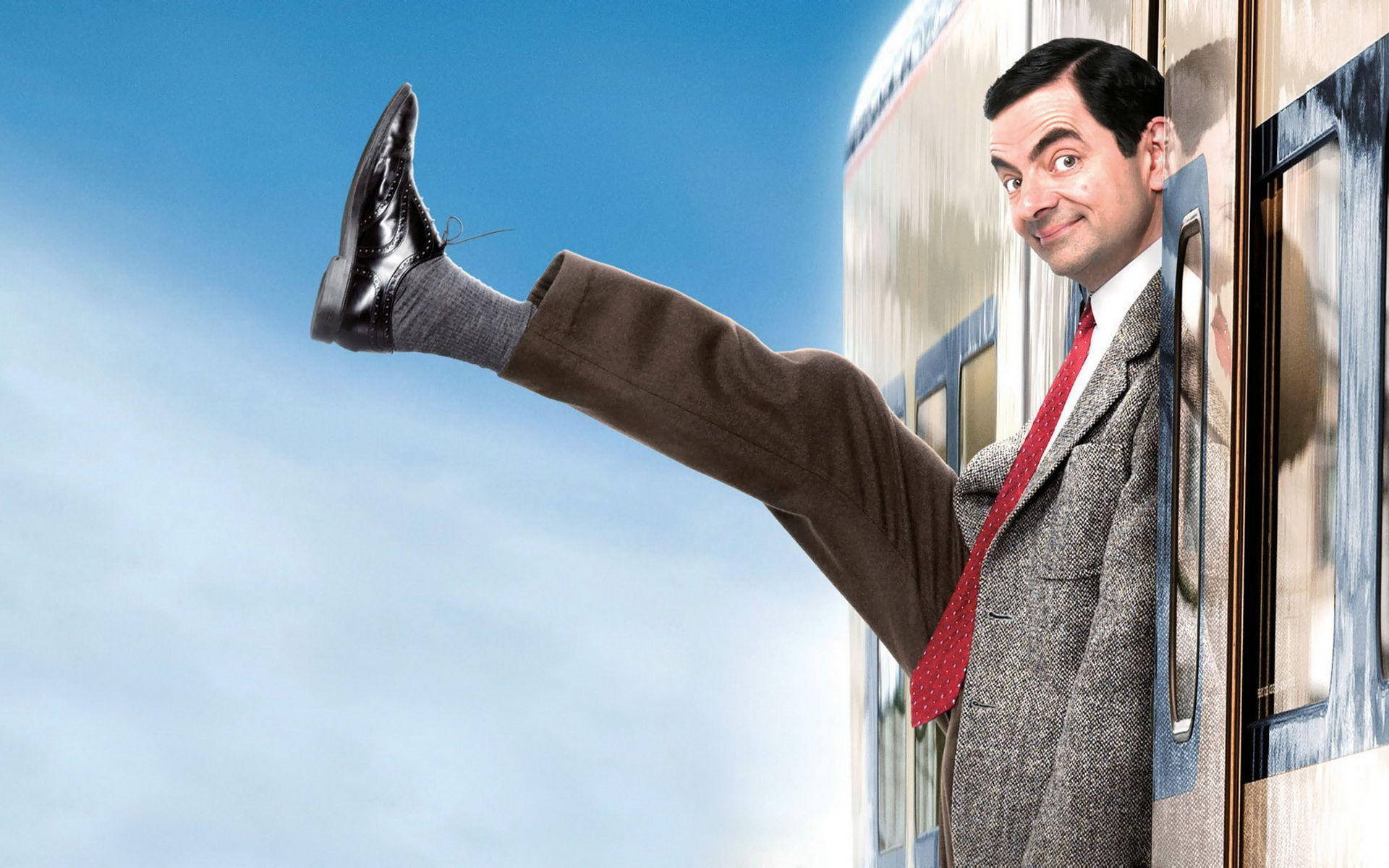 Mr Bean, train, bright blue sky, Full HD Desktop Wallpaper
