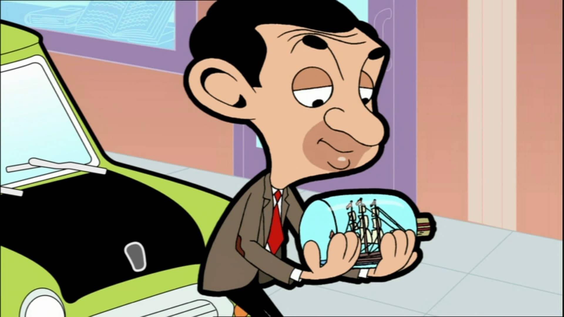 Mr Bean, bottle, miniature ship, Full HD Desktop Wallpaper