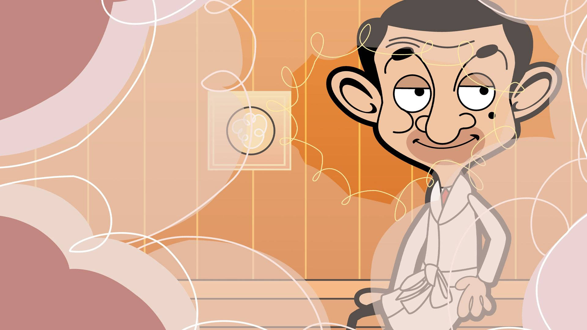 Mr Bean, white lab coat, warmly lit room, Full HD Desktop Wallpaper