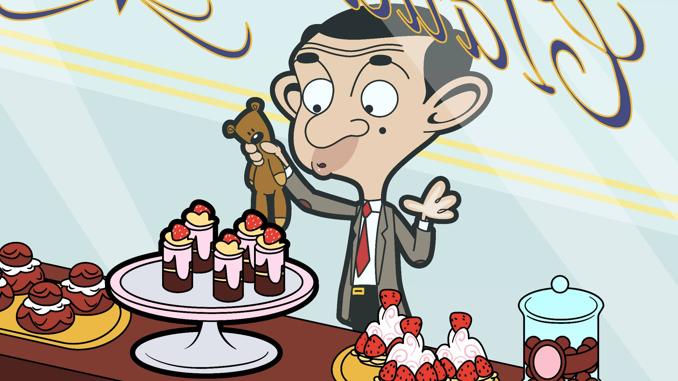 Mr Bean, teddy bear, strawberry desserts, Full HD Desktop Wallpaper