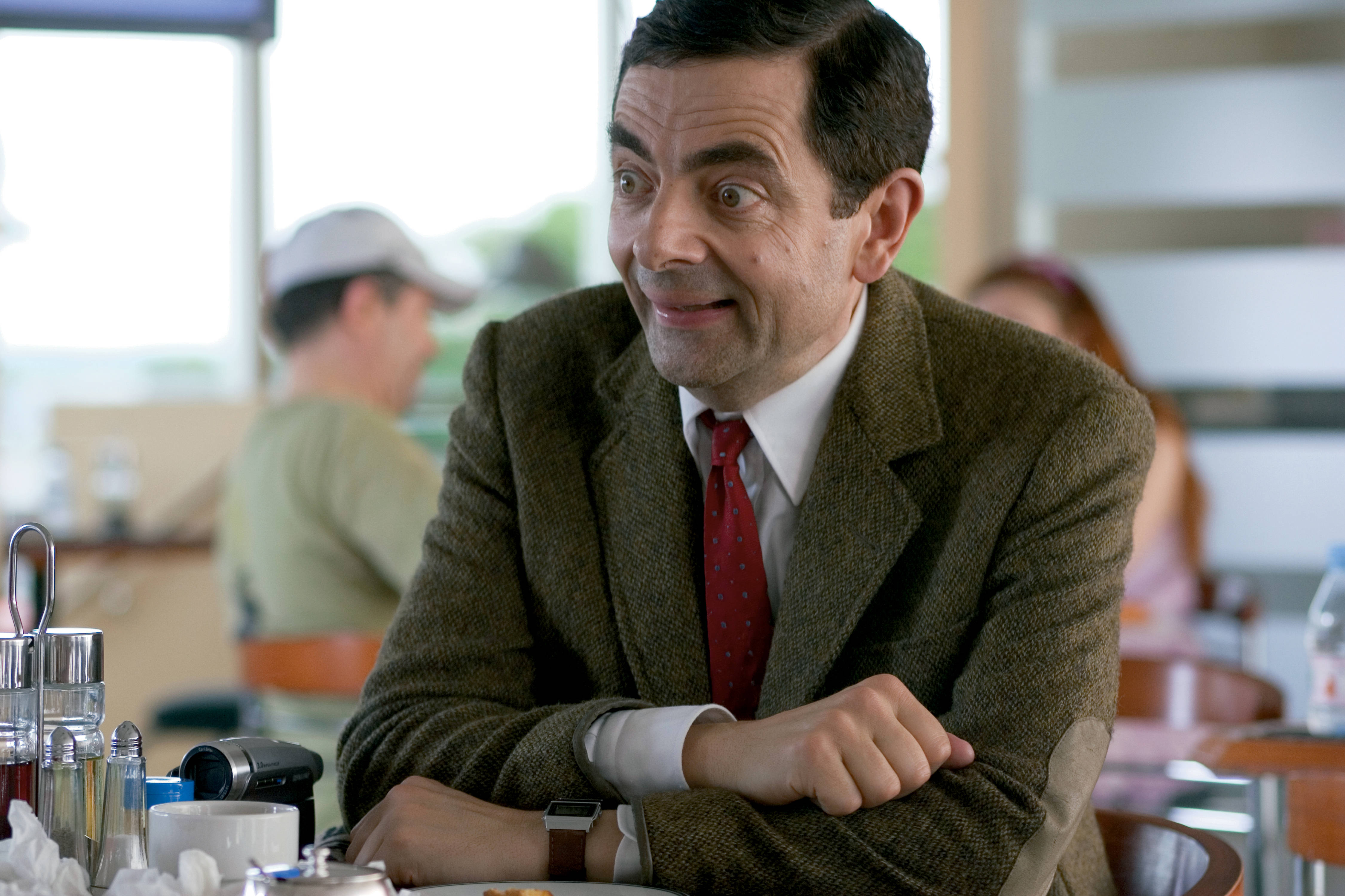 Mr Bean, cafe table, brown tweed jacket, 4K Desktop Wallpaper