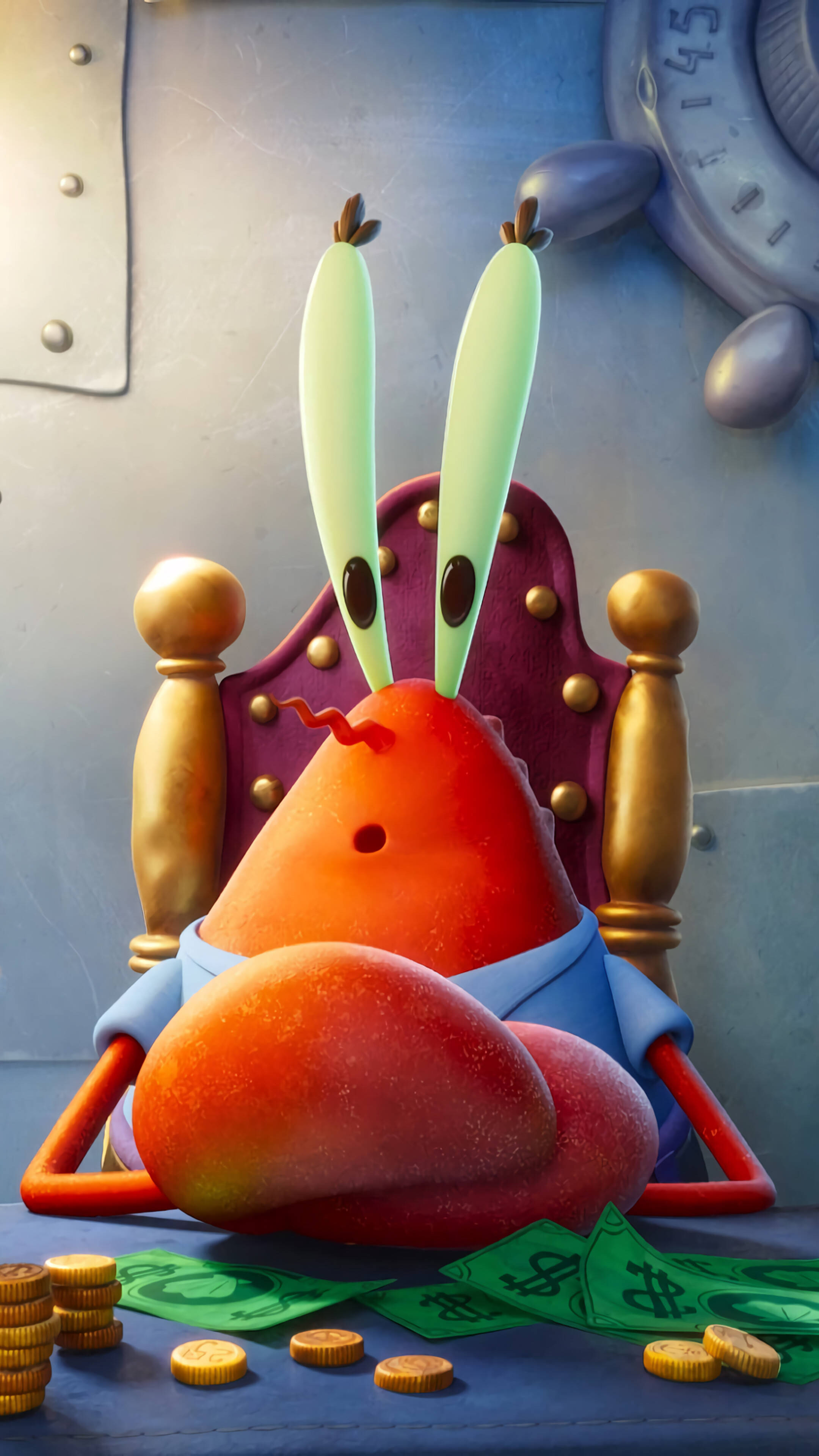 Mr. Krabs, royal chair, money, 4K Phone Wallpaper