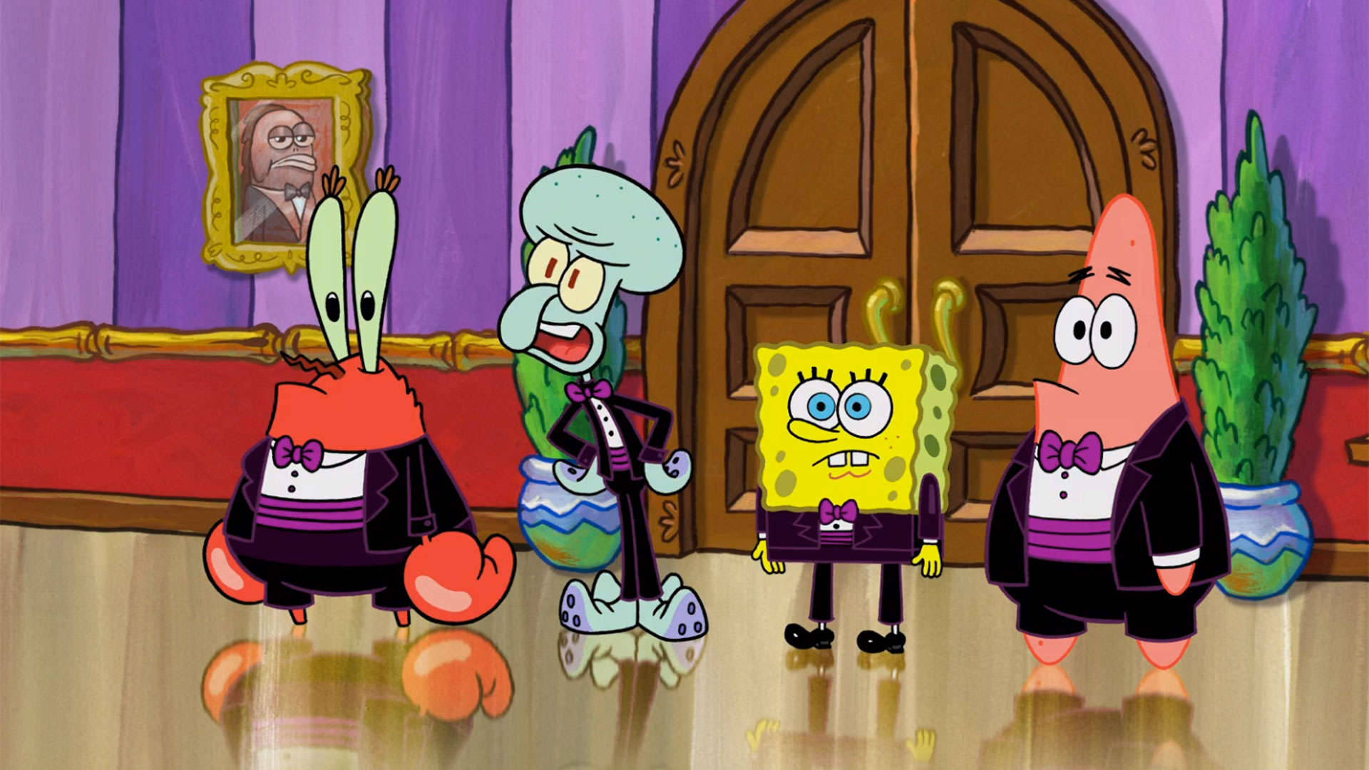 Mr Krabs, tuxedos, purple-walled room, Full HD Desktop Wallpaper