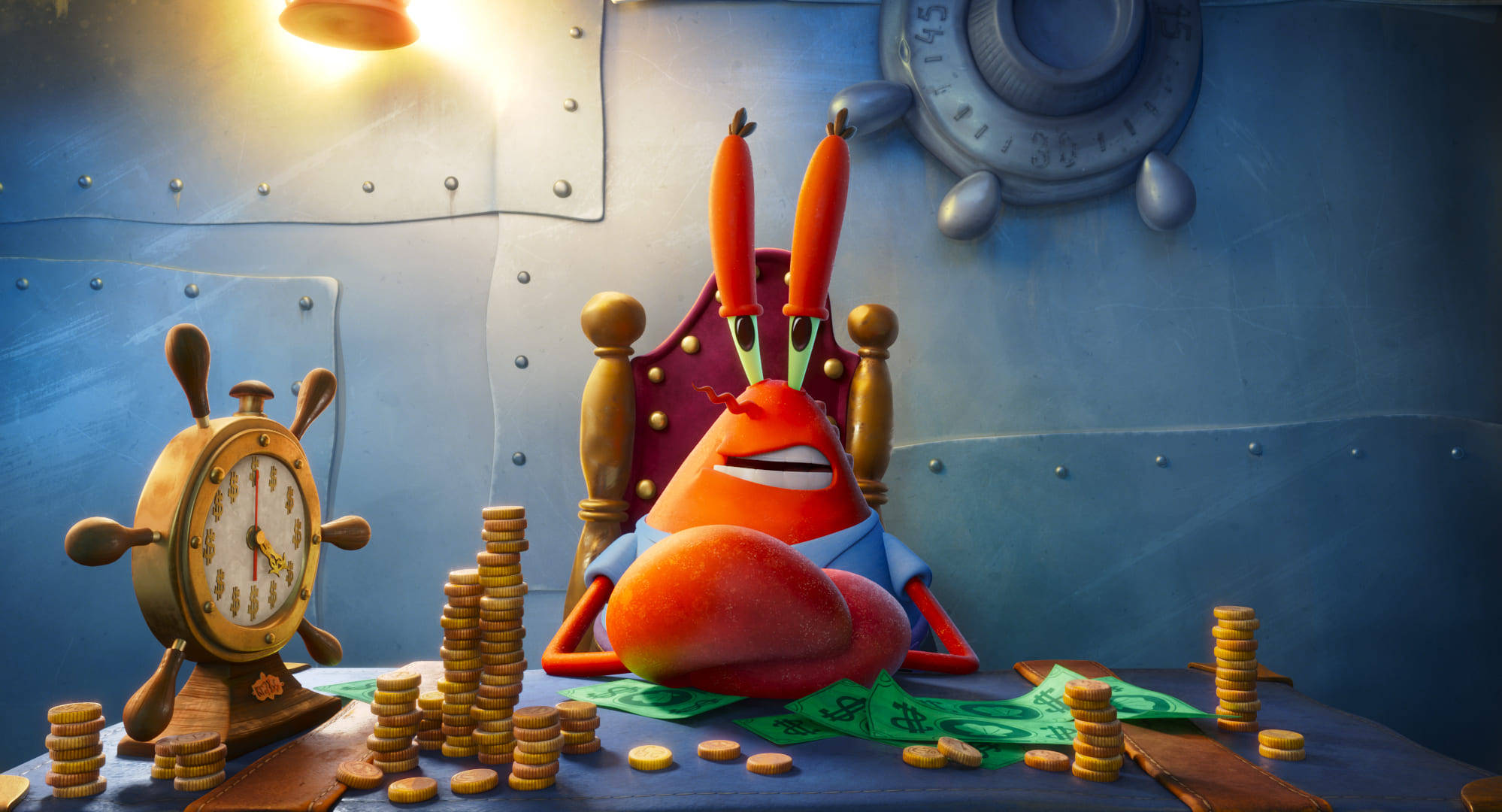 Mr. Krabs, golden throne, stacks of coins, Full HD Desktop Wallpaper