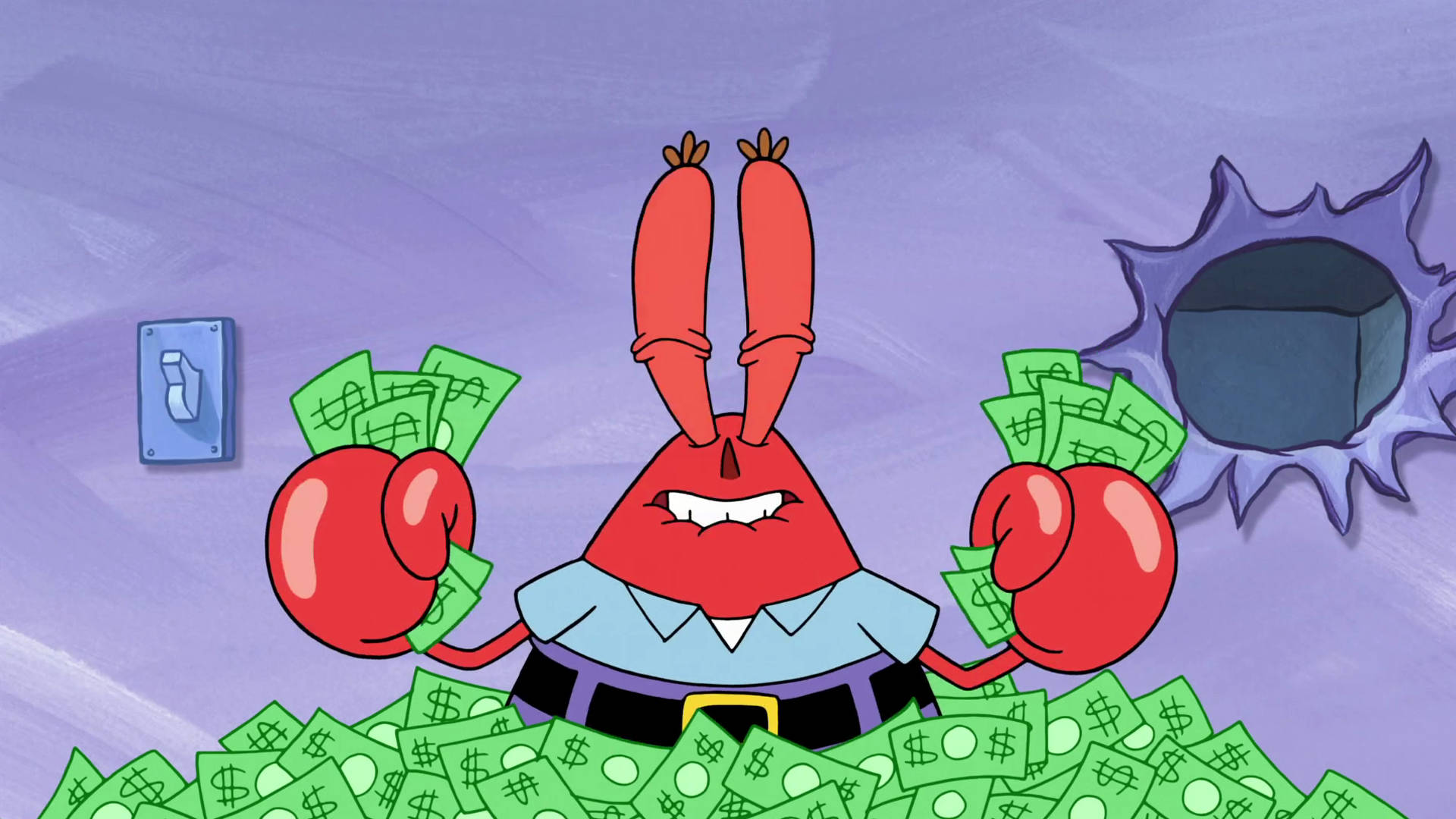 Mr. Krabs, green dollar bills, suit, Full HD Desktop Wallpaper