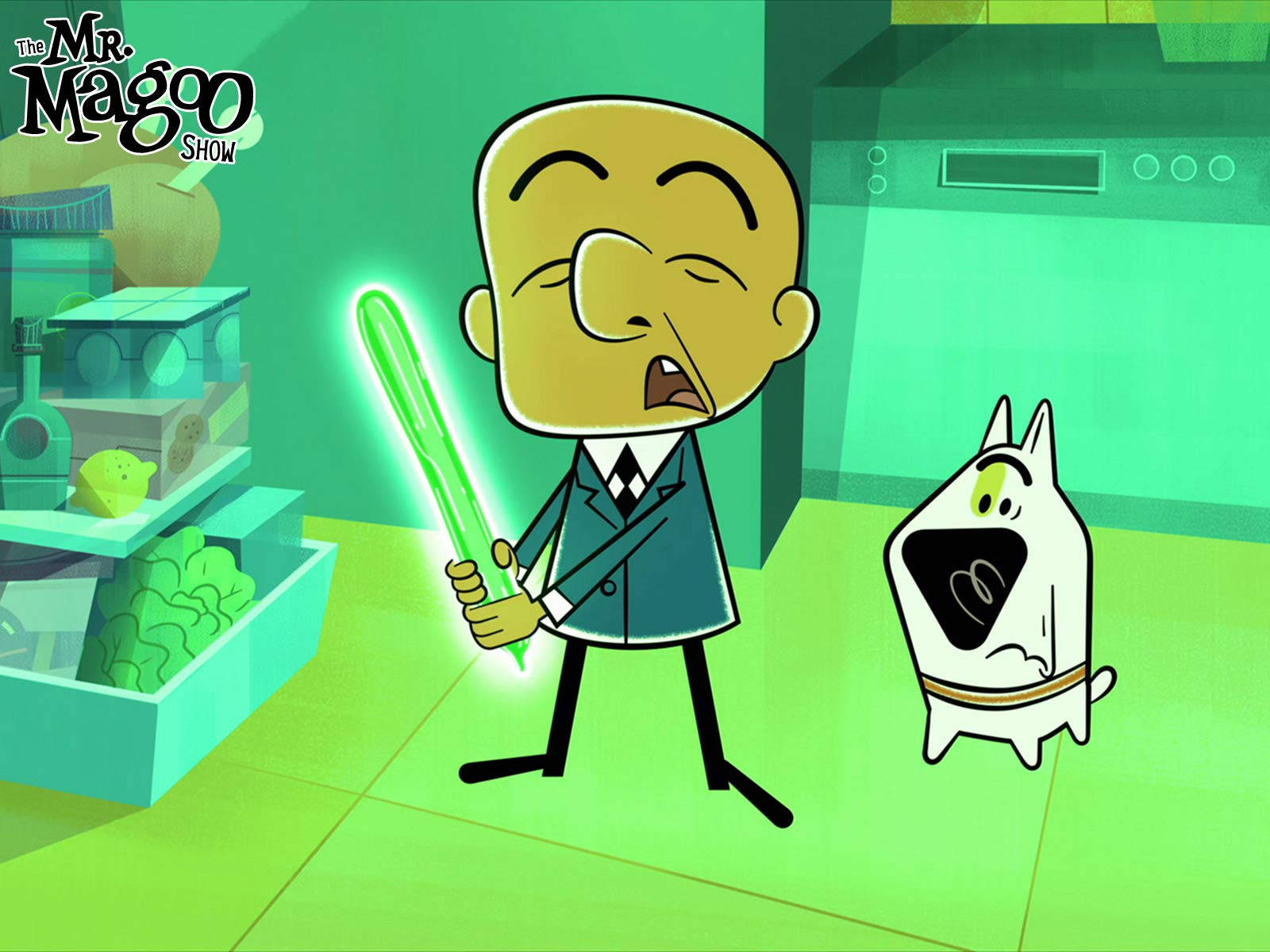 Mr Magoo, glowing green lightsaber, teal kitchen, HD Desktop Wallpaper