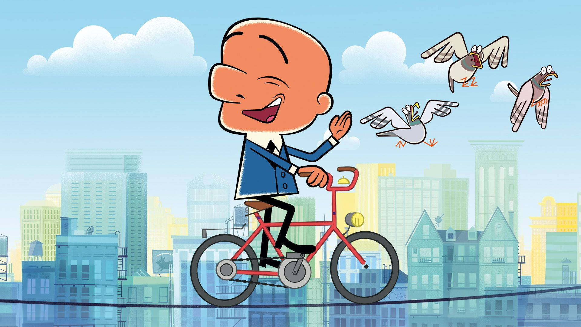 Mr Magoo, red bicycle, cityscape, Full HD Desktop Wallpaper