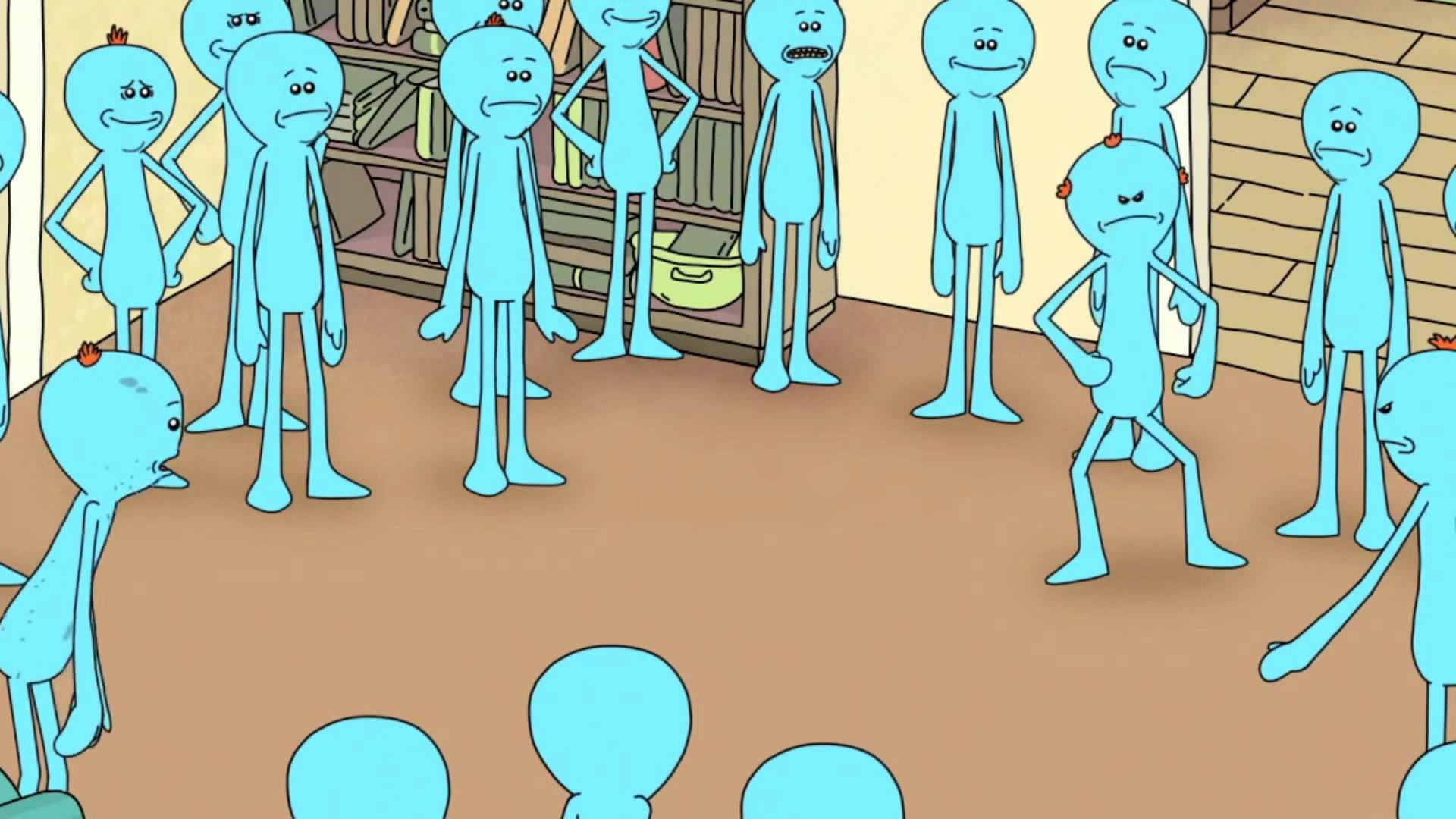 Mr Meeseeks, blue cartoon aliens, bookshelves, Full HD Desktop Wallpaper