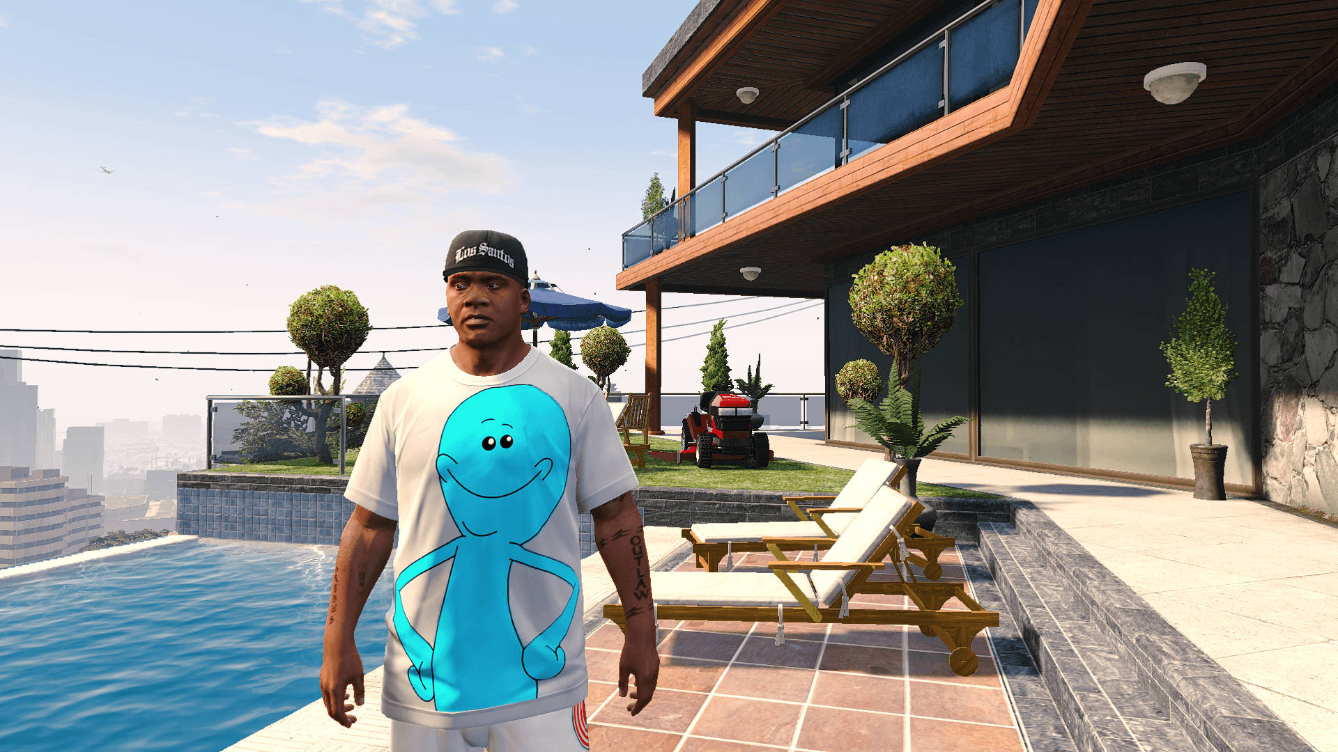 Mr Meeseeks, blue cartoon t-shirt, rooftop pool, Full HD Desktop Wallpaper