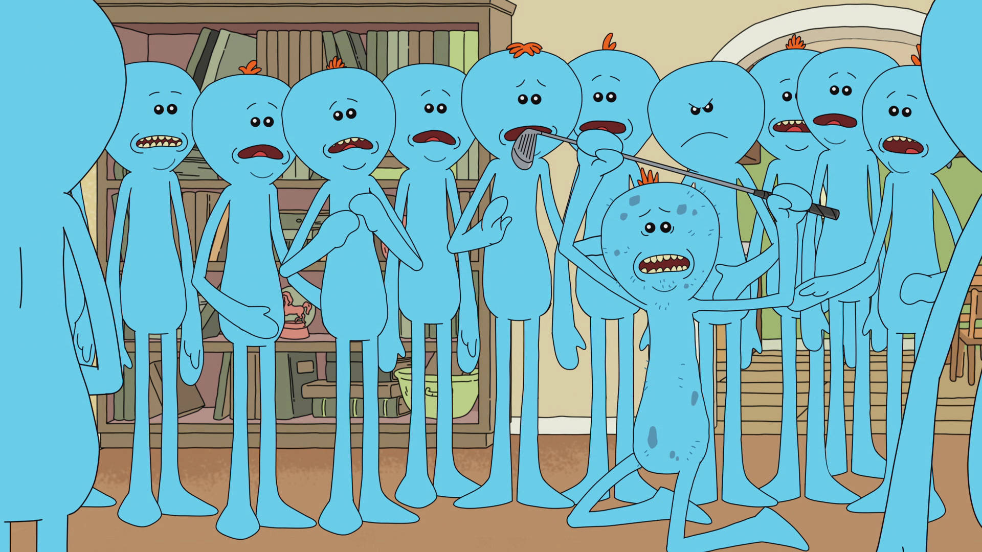 Mr Meeseeks, golf club, blue cartoon aliens, Full HD Desktop Wallpaper