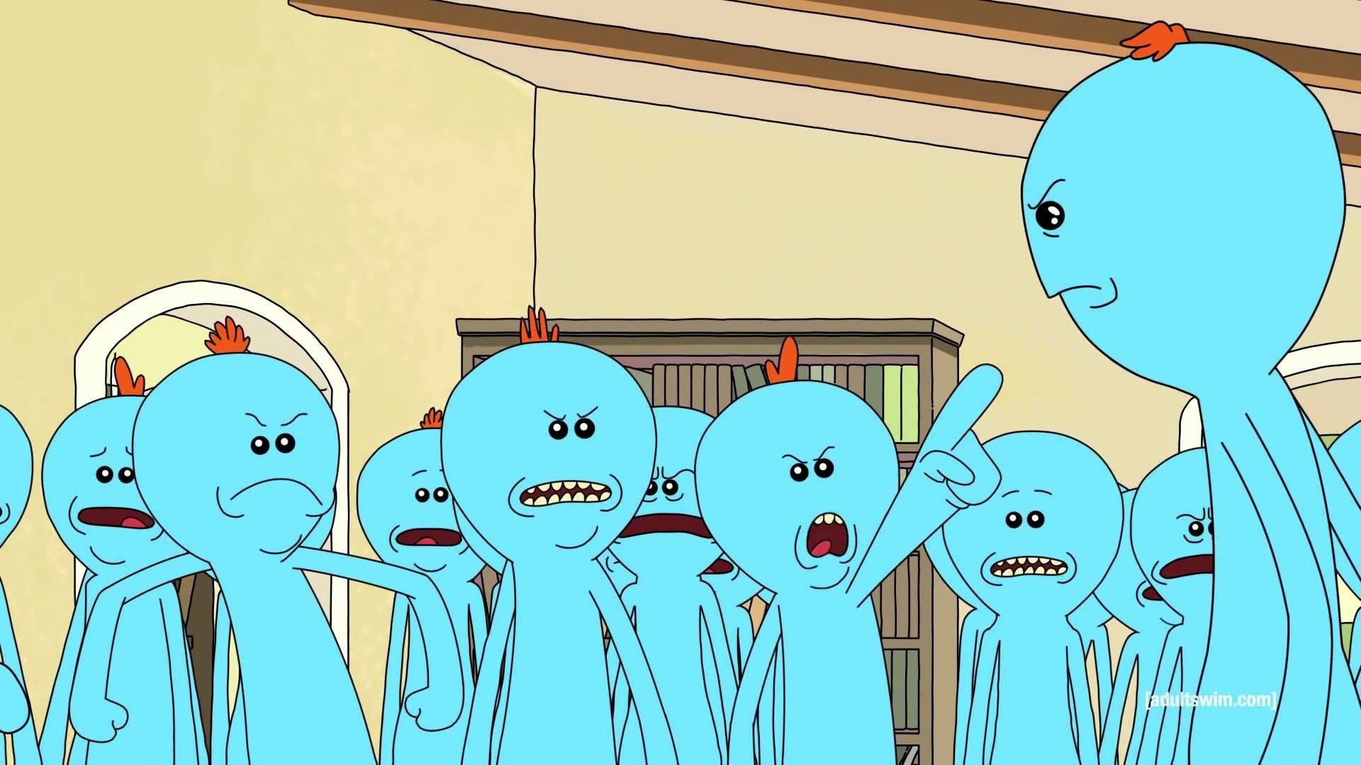 Mr Meeseeks, blue cartoon characters, angry expressions, Full HD Desktop Wallpaper