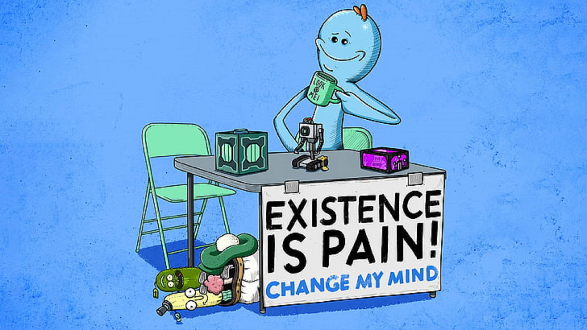Mr Meeseeks, blue cartoon character, cluttered table, Full HD Desktop Wallpaper