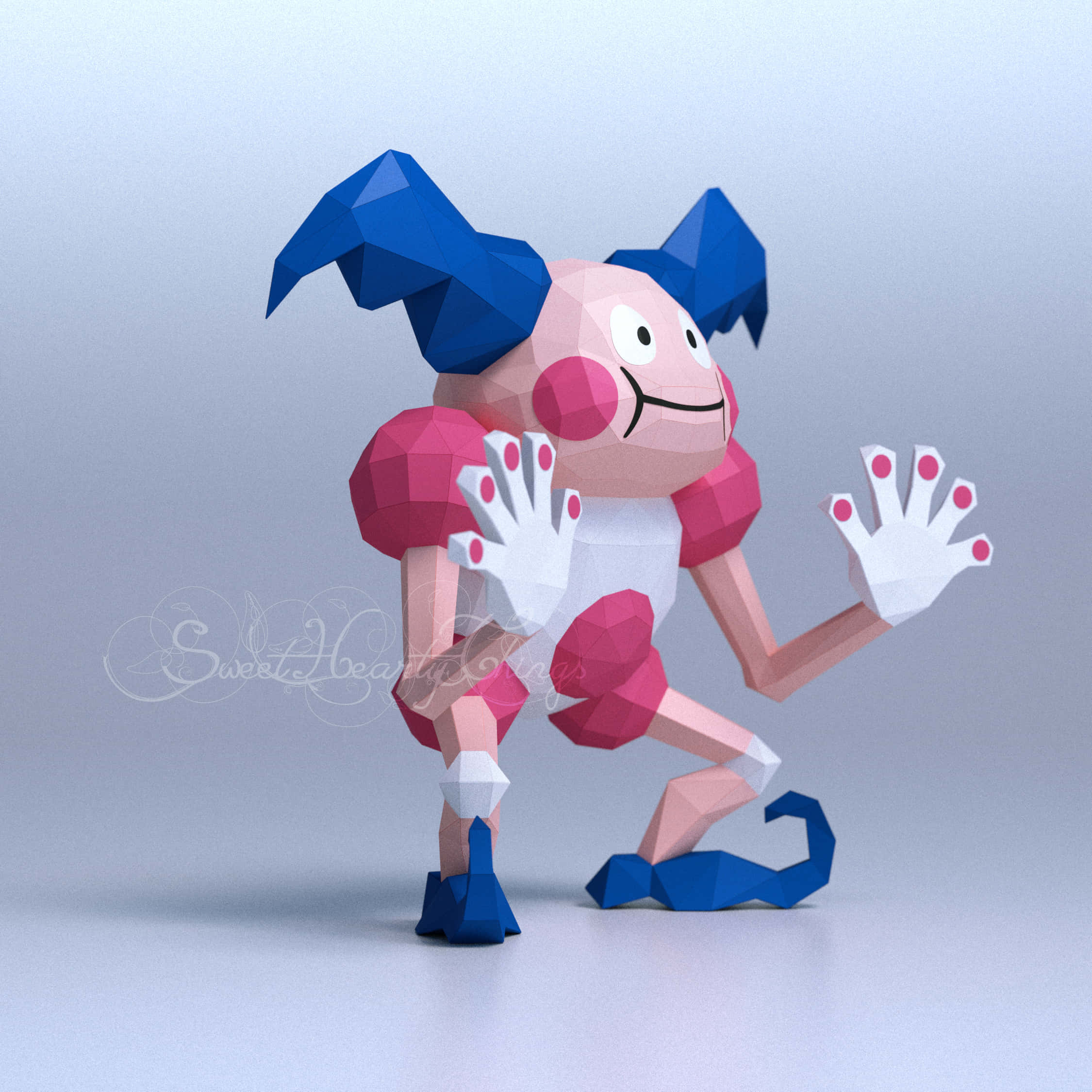 low poly 3d, Mr. Mime, pink and blue, Full HD Desktop Wallpaper