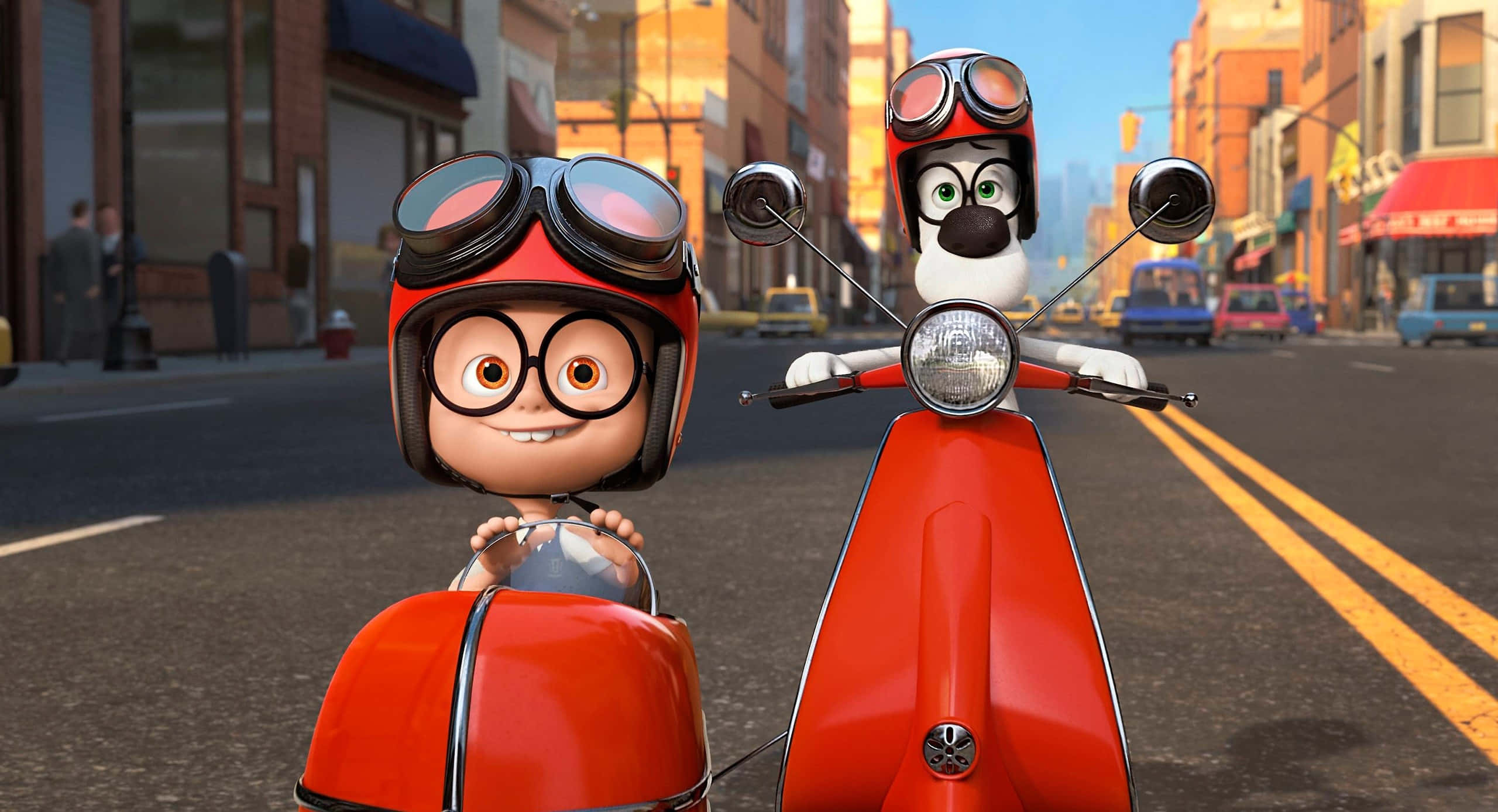 Mr Peabody & Sherman, scooter, red helmets, 2K Desktop Wallpaper