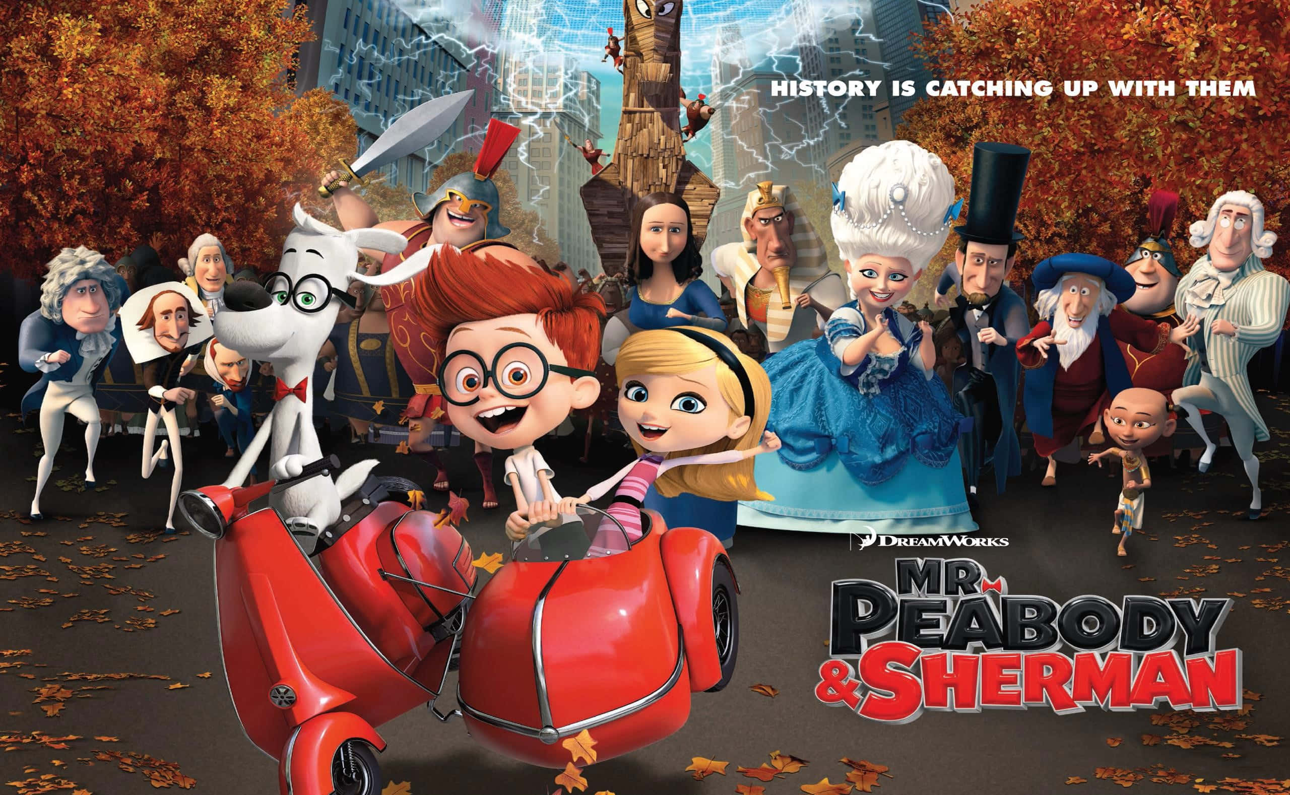 Mr Peabody & Sherman, red scooter, autumn leaves, 2K Desktop Wallpaper