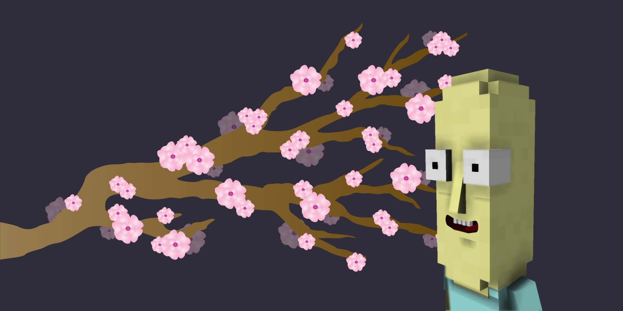 Mr. Poopybutthole, blocky yellow character, pink cherry blossoms, Full HD Desktop Wallpaper