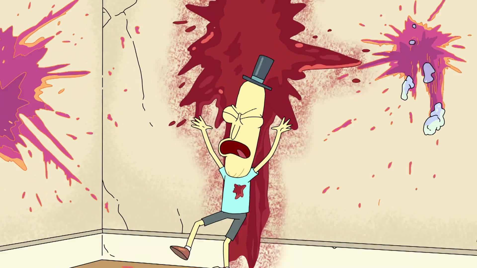Mr. Poopybutthole, top hat, red and purple paint splatters, Full HD Desktop Wallpaper