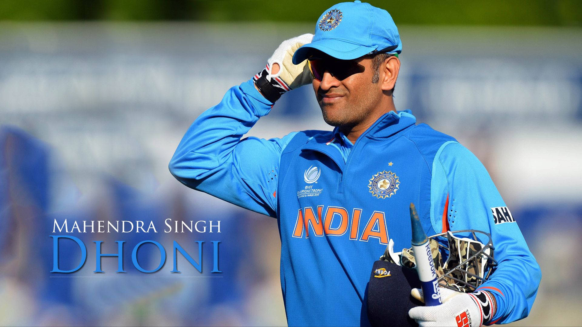 MS Dhoni, blue India cricket gear, bat helmet, Full HD Desktop Wallpaper