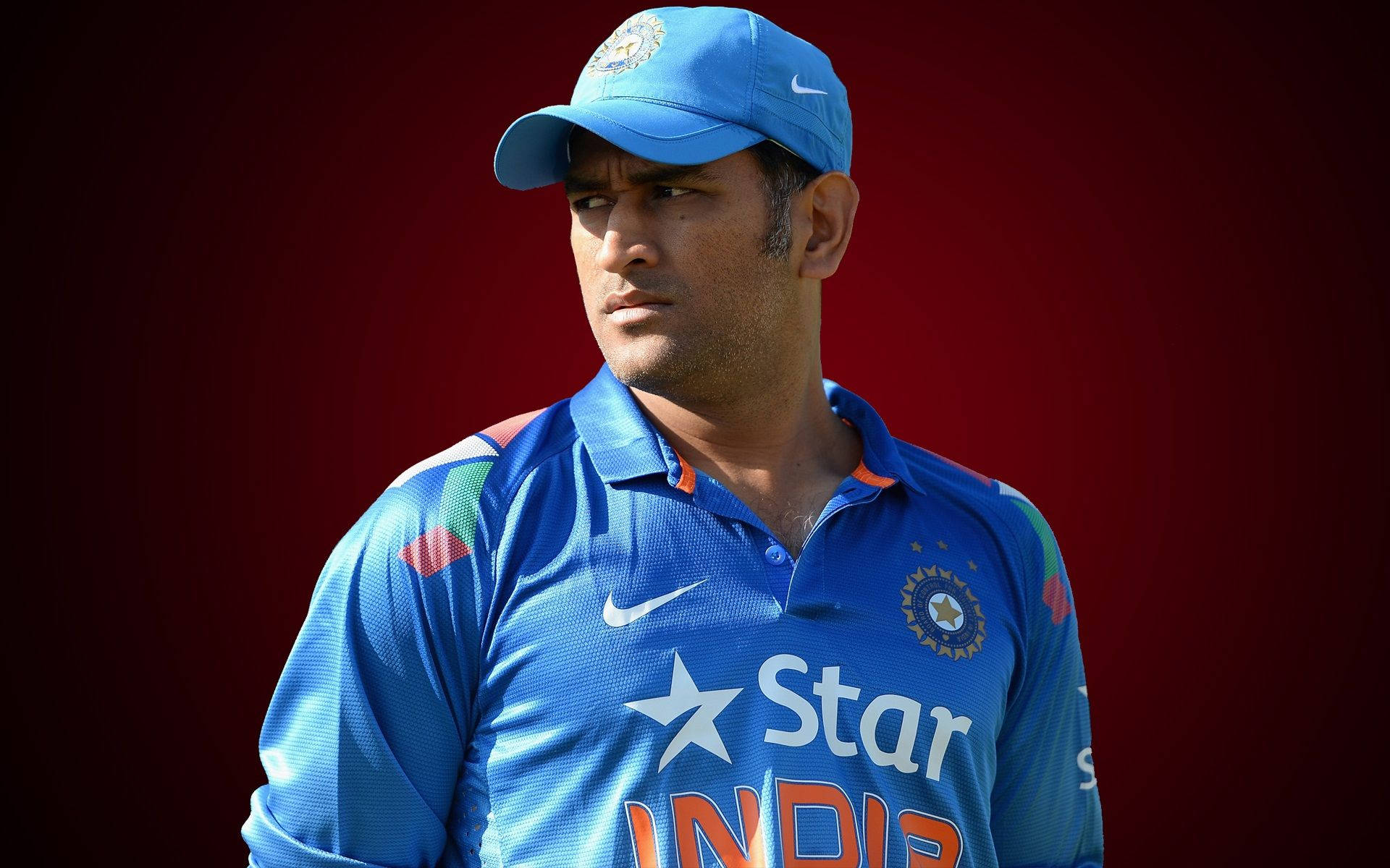 MS Dhoni, HD Red, blue team jersey, Full HD Desktop Wallpaper