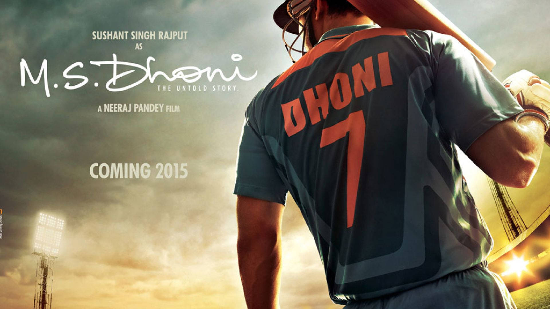 MS Dhoni, Dhoni 7 jersey, stadium sunset sky, Full HD Desktop Wallpaper