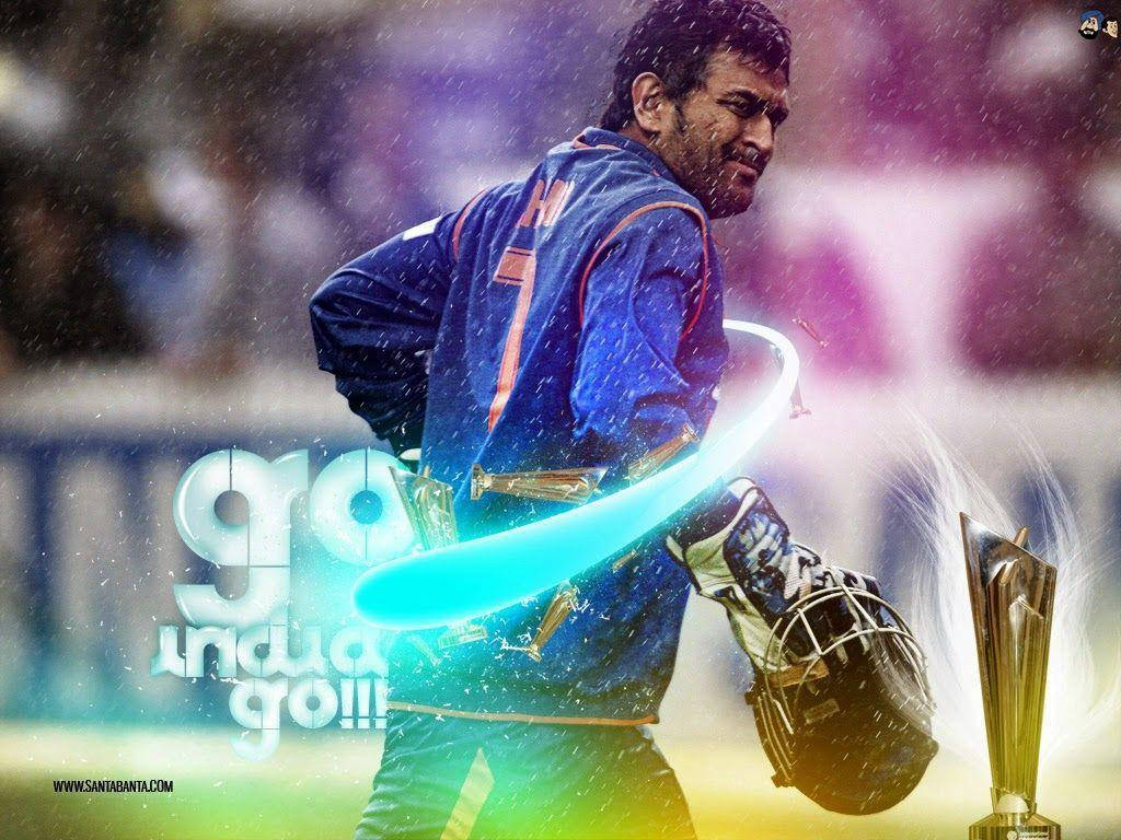 Ms Dhoni, championship trophy, blue jersey, SD Desktop Wallpaper