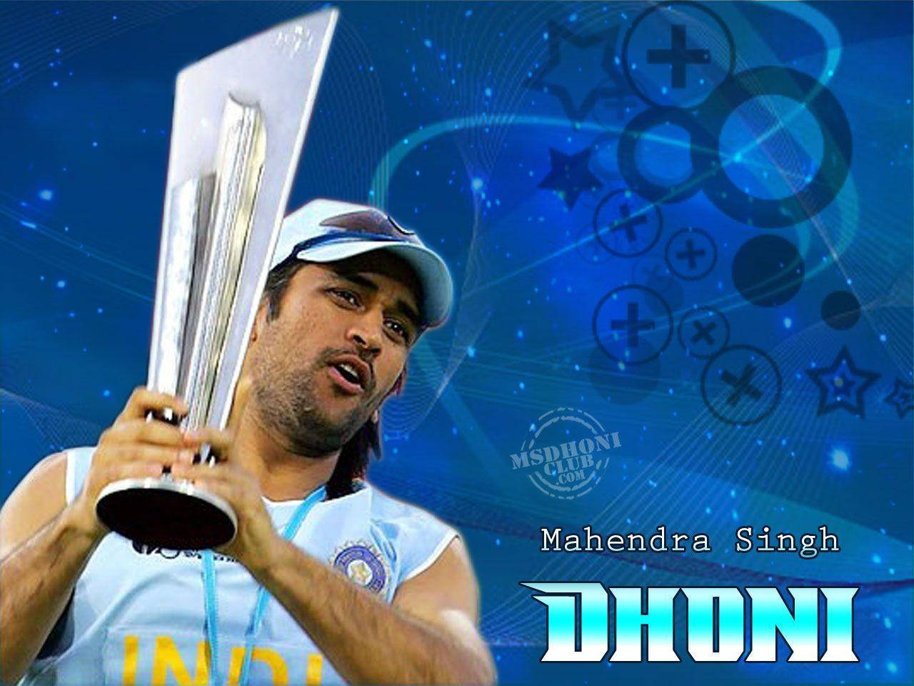 Ms Dhoni, silver trophy, vibrant blue digital background, HD Desktop Wallpaper
