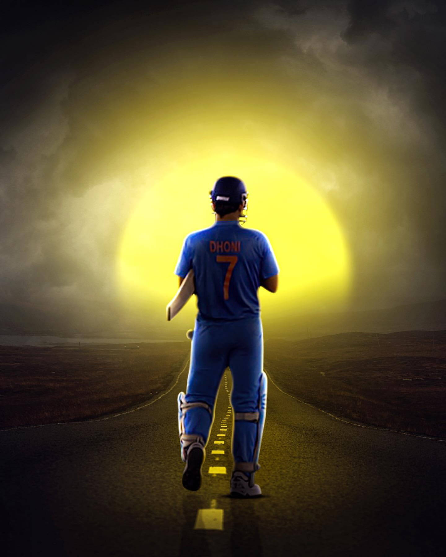 MS Dhoni, blue uniform, glowing yellow sun, HD Phone Wallpaper