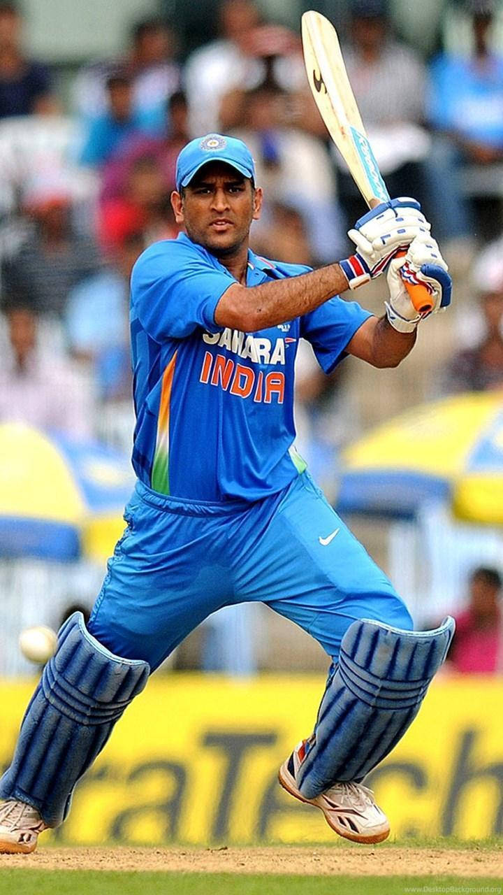 MS Dhoni, blue India uniform, bat mid-swing, HD Phone Wallpaper