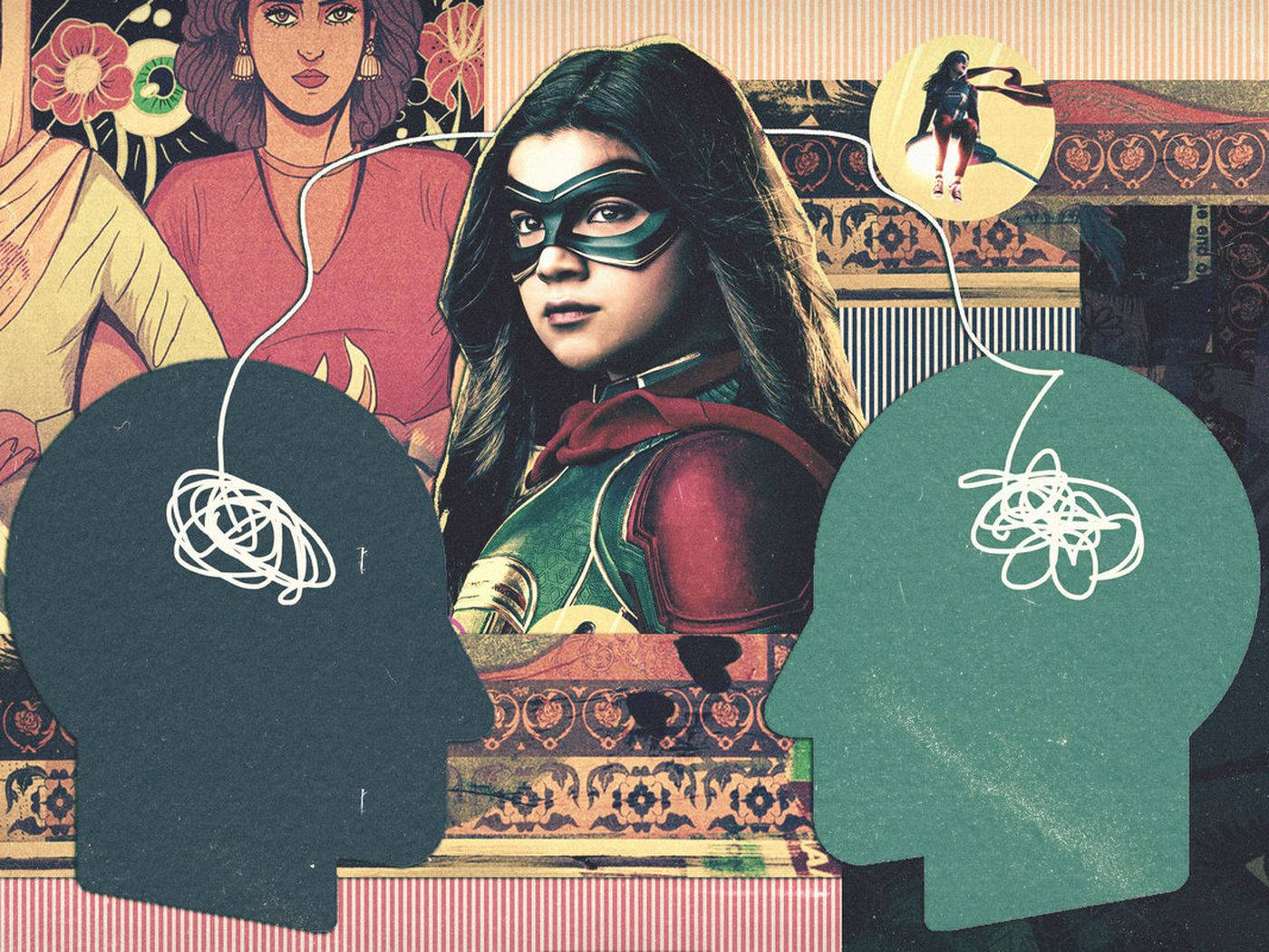 Ms Marvel, superheroine, silhouetted heads, HD Desktop Wallpaper