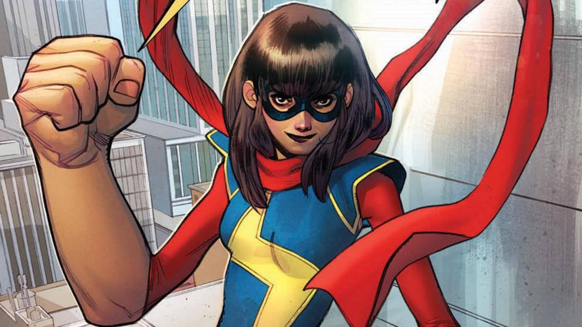 Ms Marvel, blue red and yellow costume, flowing cape, Full HD Desktop Wallpaper