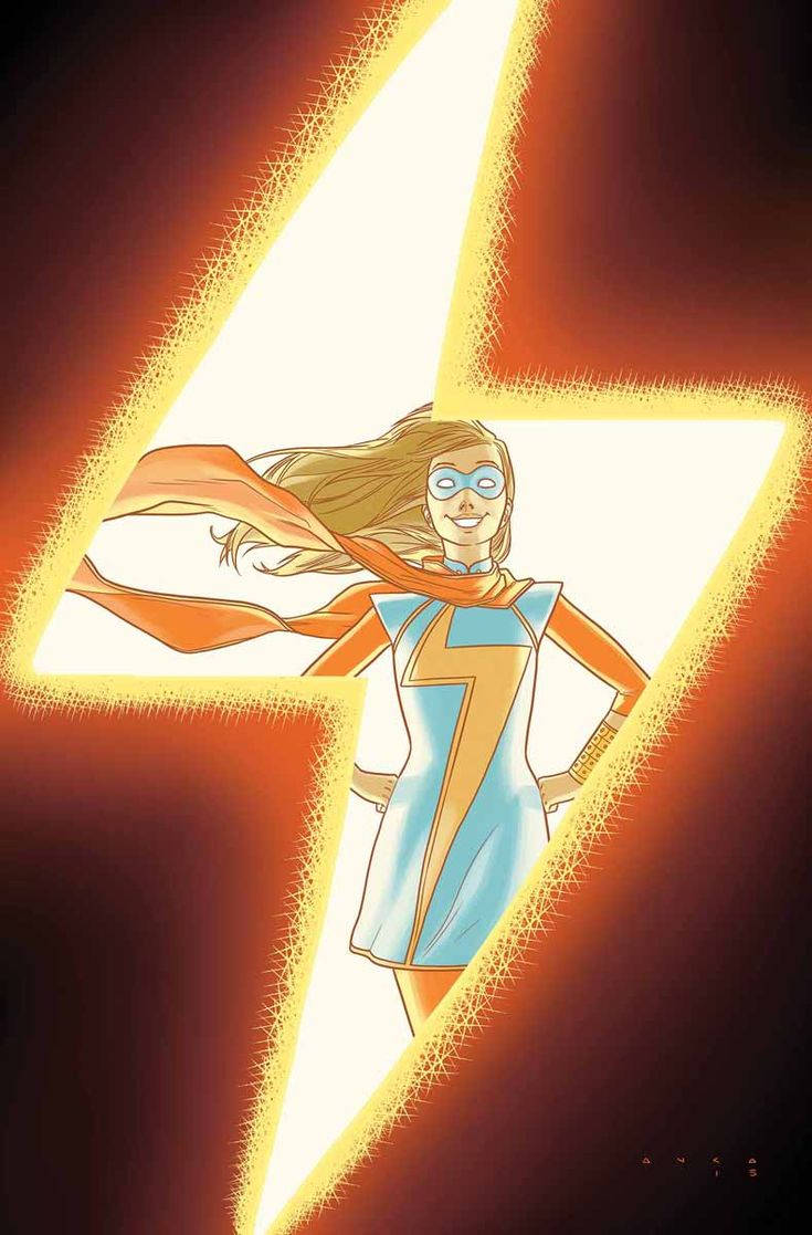 Ms Marvel, blue and orange costume, glowing yellow lightning bolt, SD Phone Wallpaper
