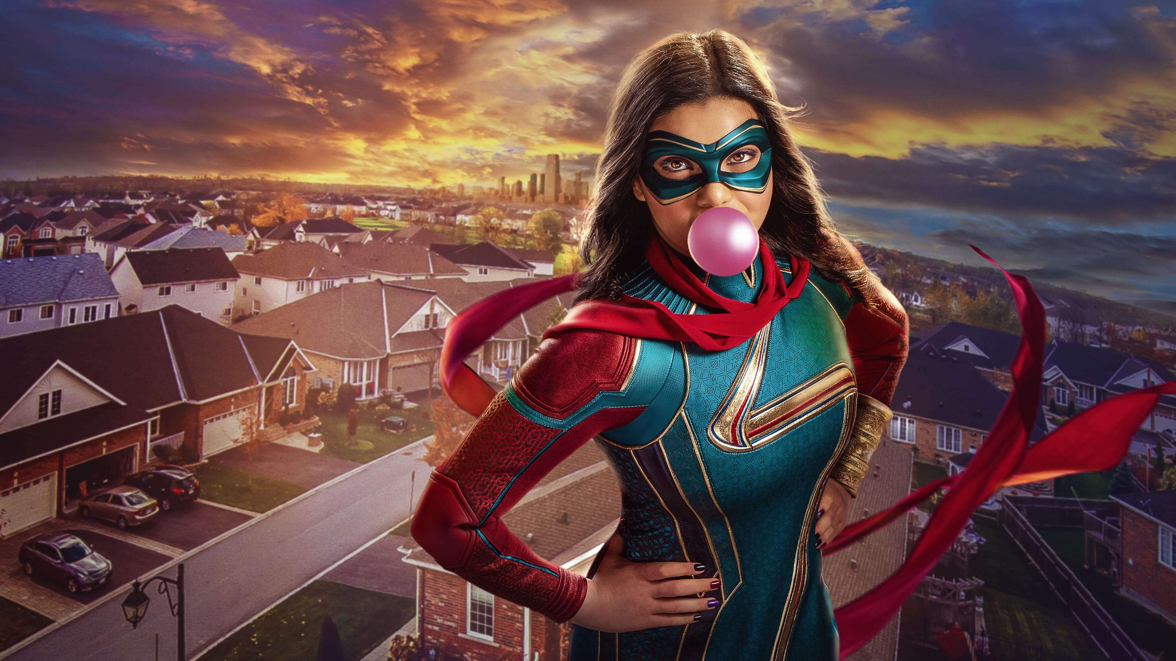 Ms Marvel, teal and red suit, pink bubblegum bubble, 4K Desktop Wallpaper