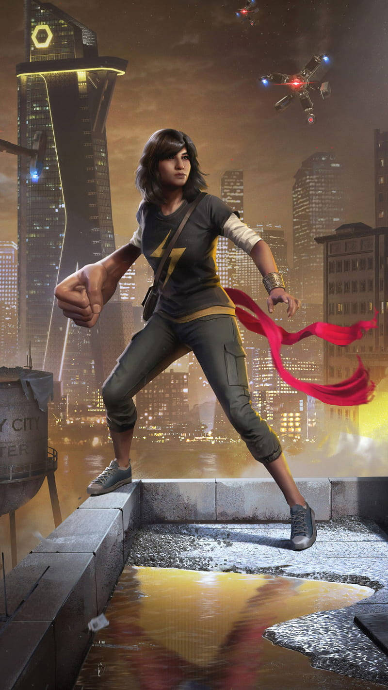 Ms Marvel, rooftop, glowing futuristic cityscape, HD Phone Wallpaper