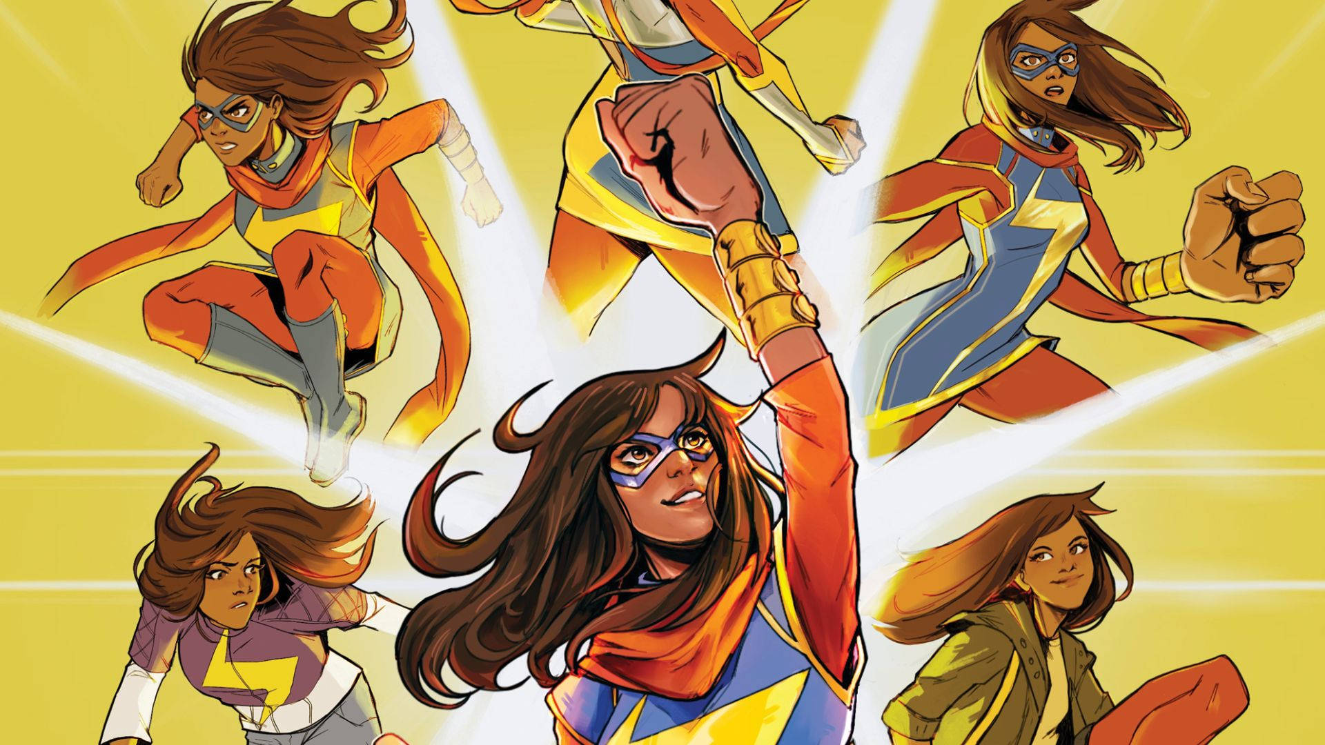 Ms Marvel, comic book illustration, five female superheroes, Full HD Desktop Wallpaper