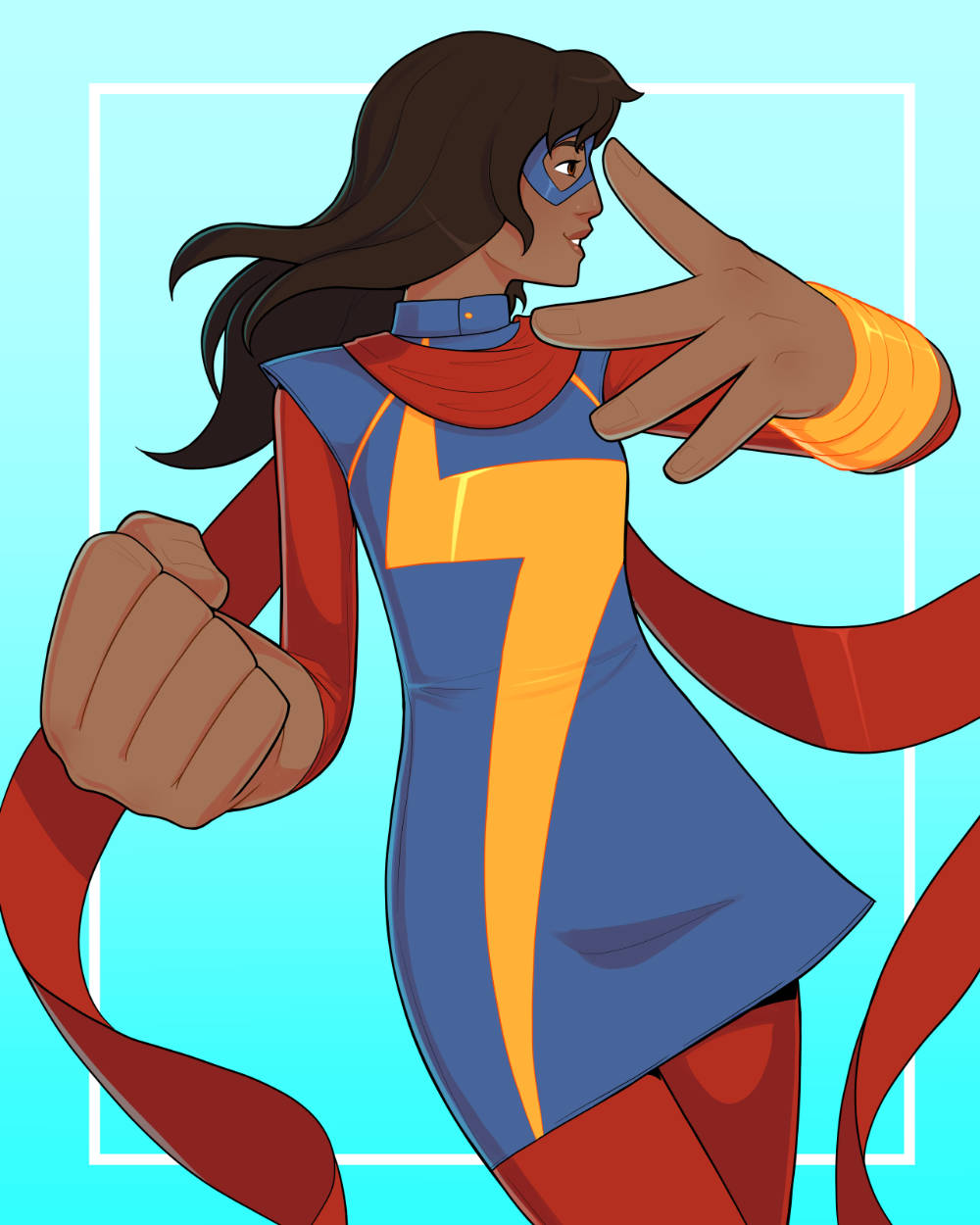 Ms Marvel, blue yellow and red costume, anime-style superheroine, SD Phone Wallpaper