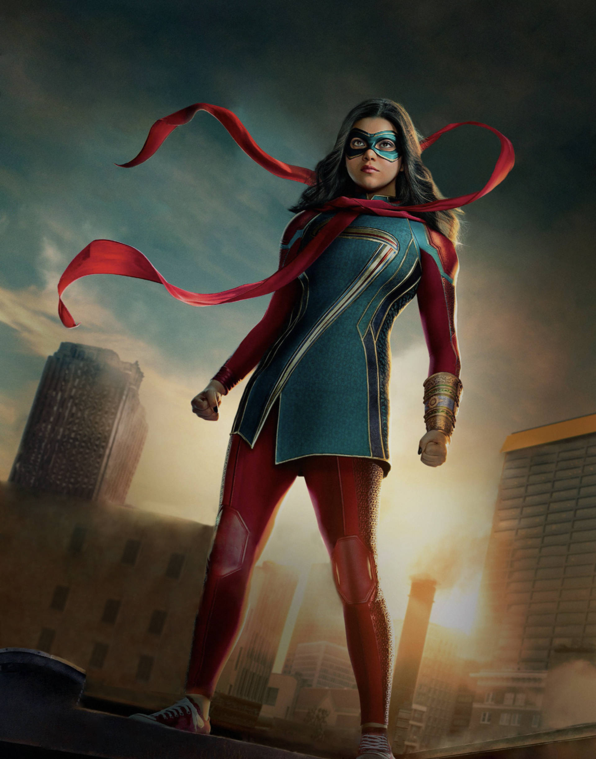 Ms Marvel, red and blue suit, cape, Full HD Phone Wallpaper