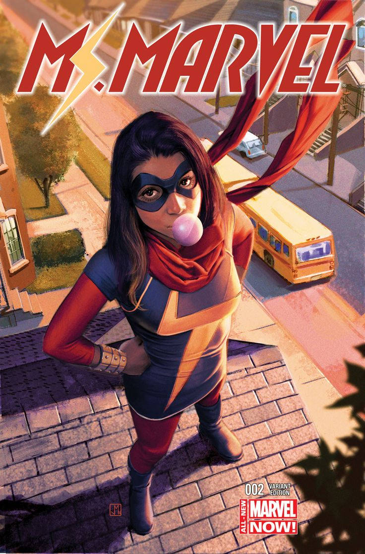 Ms Marvel, sunlit sidewalk, yellow school bus, SD Phone Wallpaper