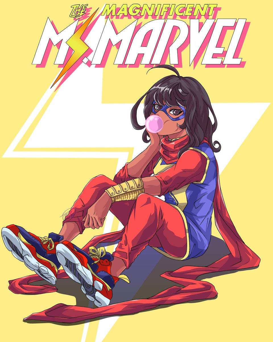Ms Marvel, superhero costume, yellow lightning bolt background, SD Phone Wallpaper