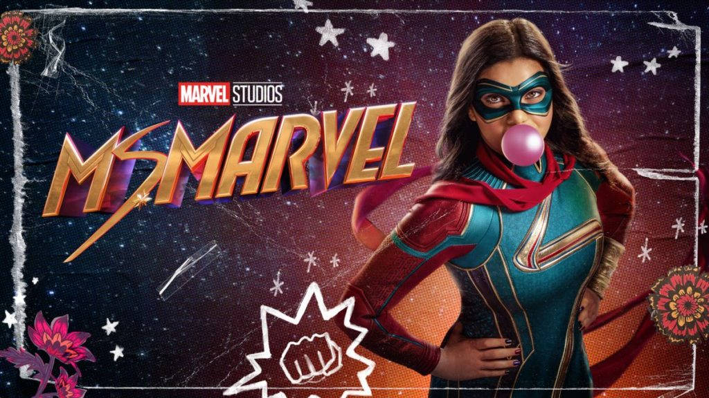 Ms Marvel, pink bubblegum bubble, starry cosmic backdrop, SD Desktop Wallpaper