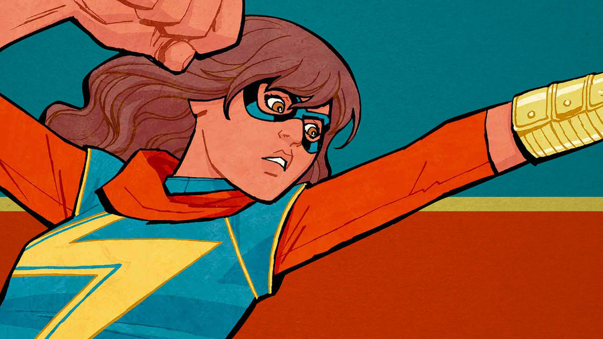 Ms Marvel, blue and orange suit, yellow lightning bolt, SD Desktop Wallpaper