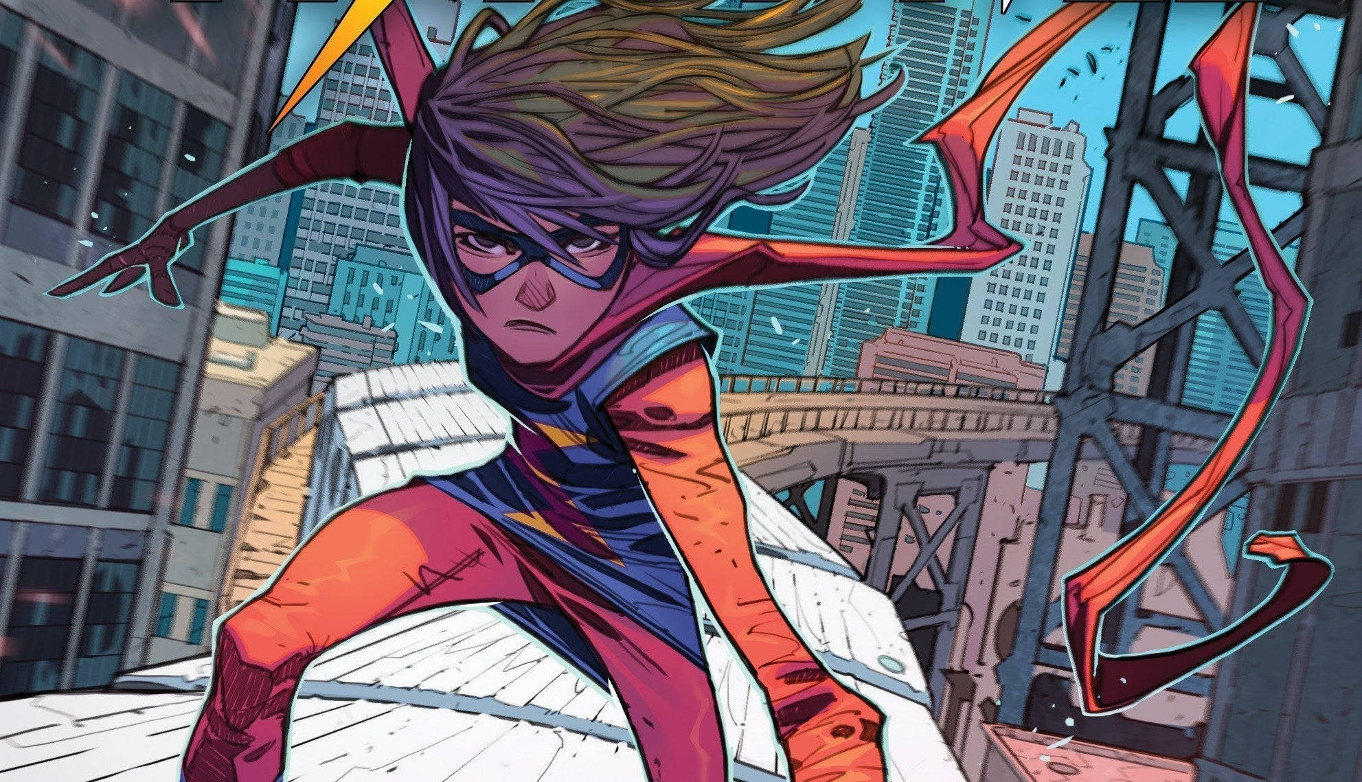 Ms Marvel, purple hair, red cape, Full HD Desktop Wallpaper