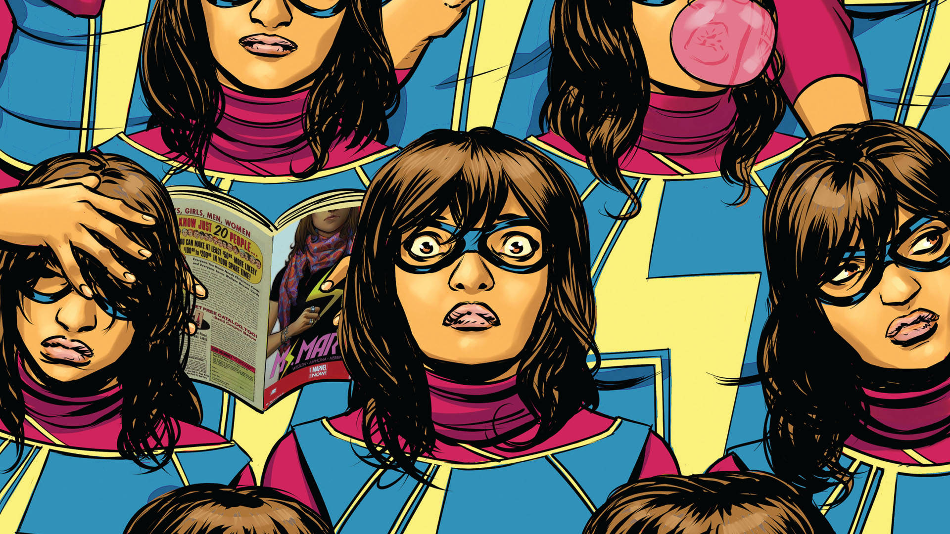 Ms Marvel, pop art, blue costumes, Full HD Desktop Wallpaper